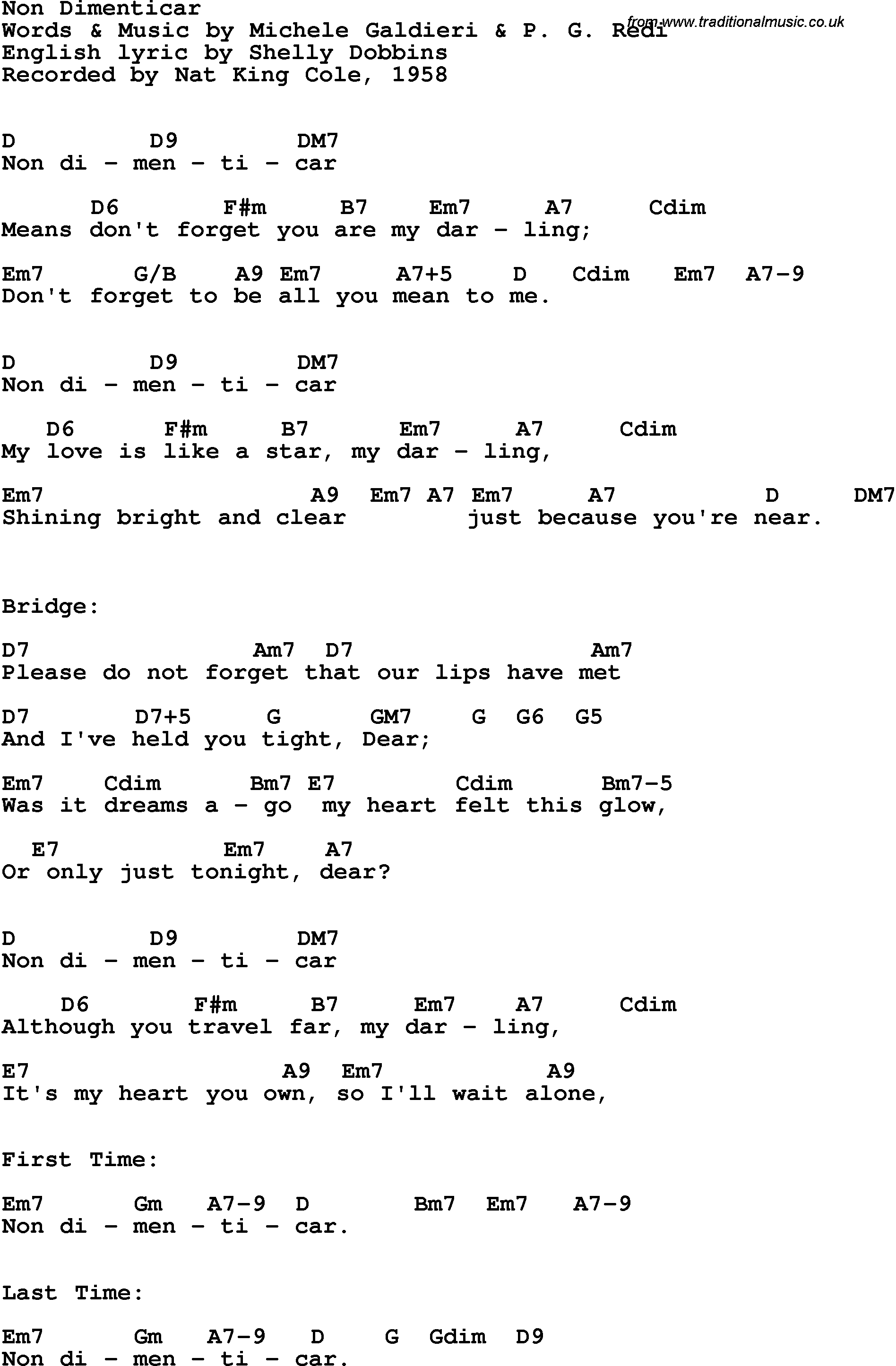 Song Lyrics with guitar chords for Non Dimenticar - Nat King Cole, 1958
