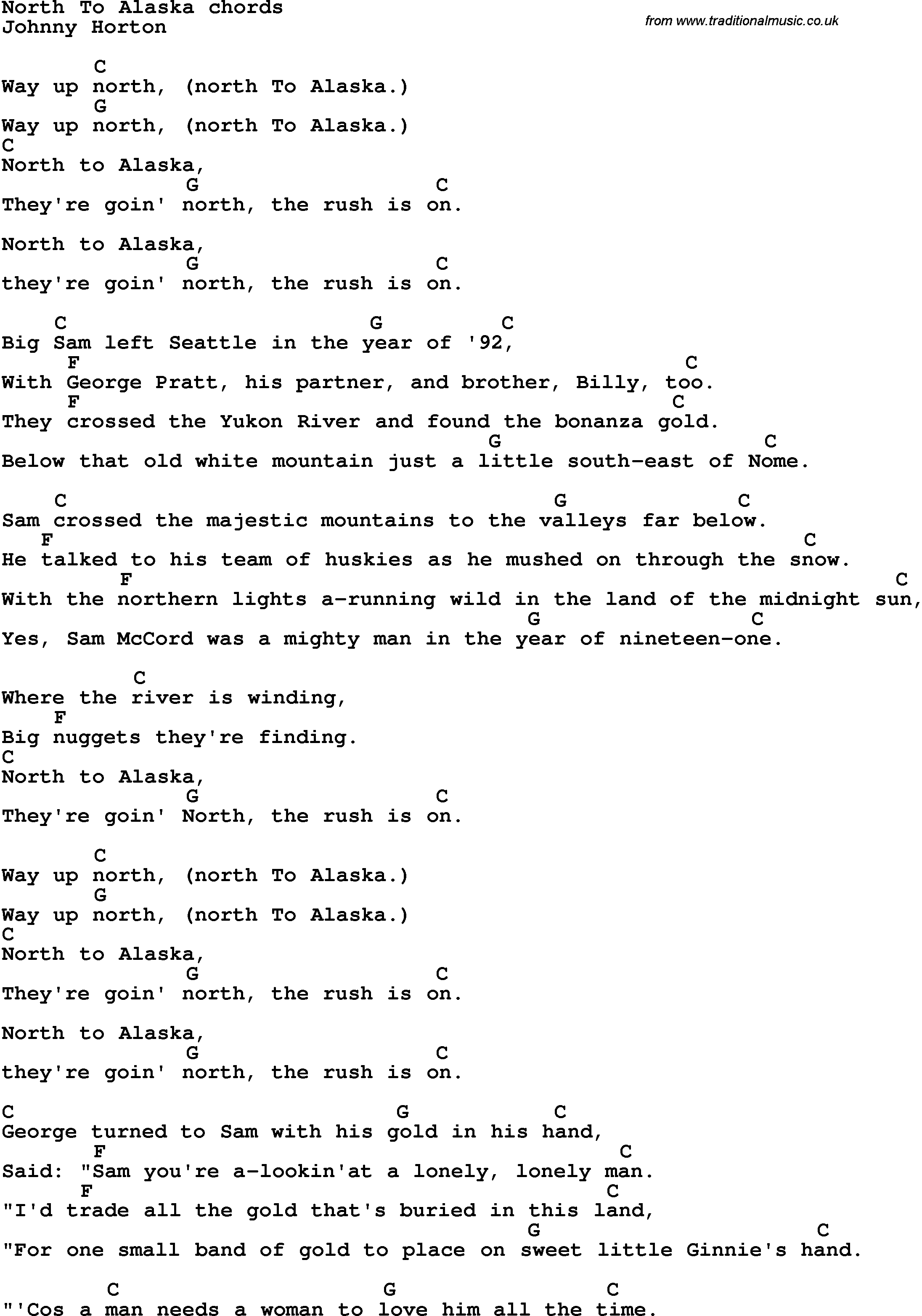 Song Lyrics with guitar chords for North To Alaska