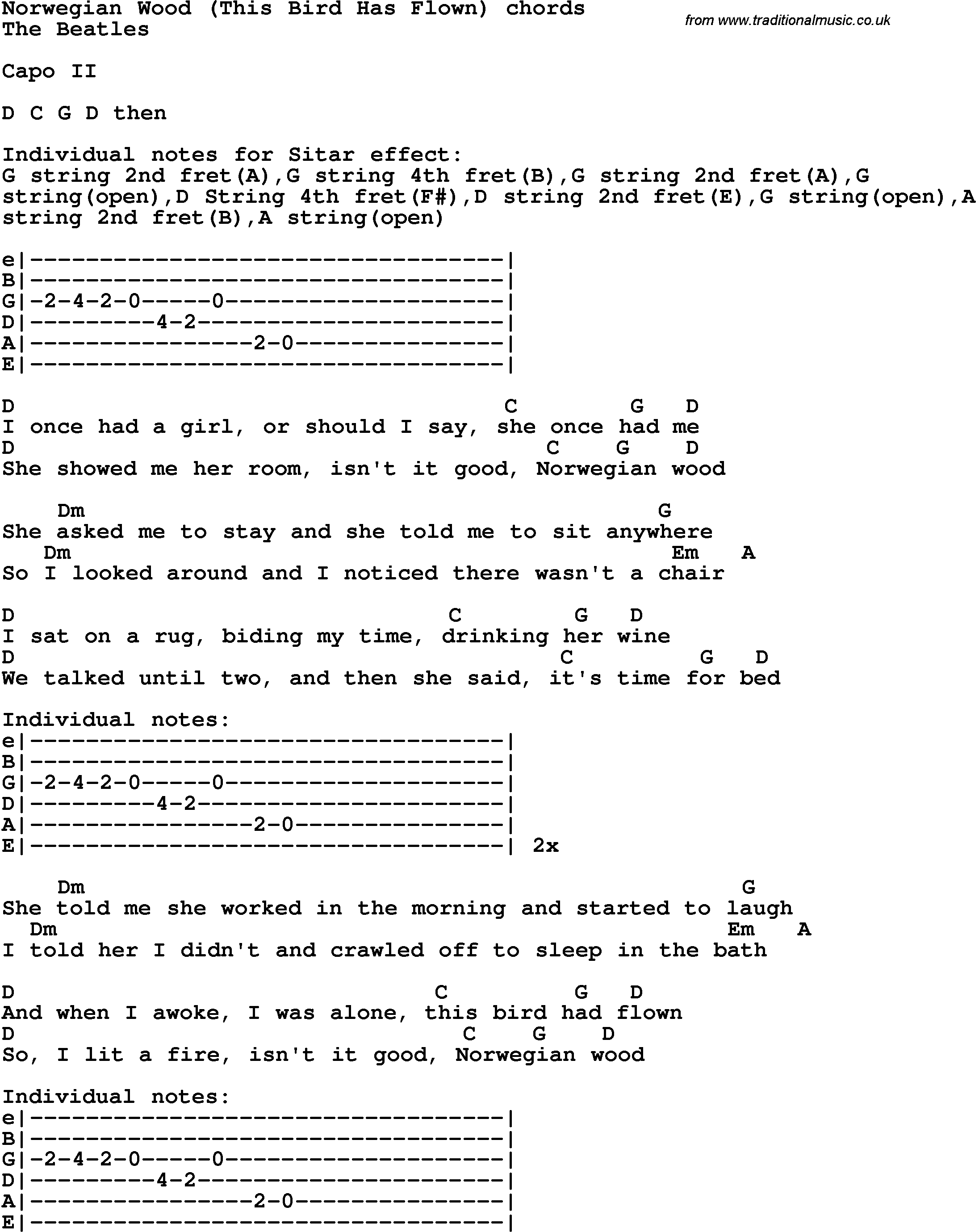 Song Lyrics with guitar chords for Norwegian Wood