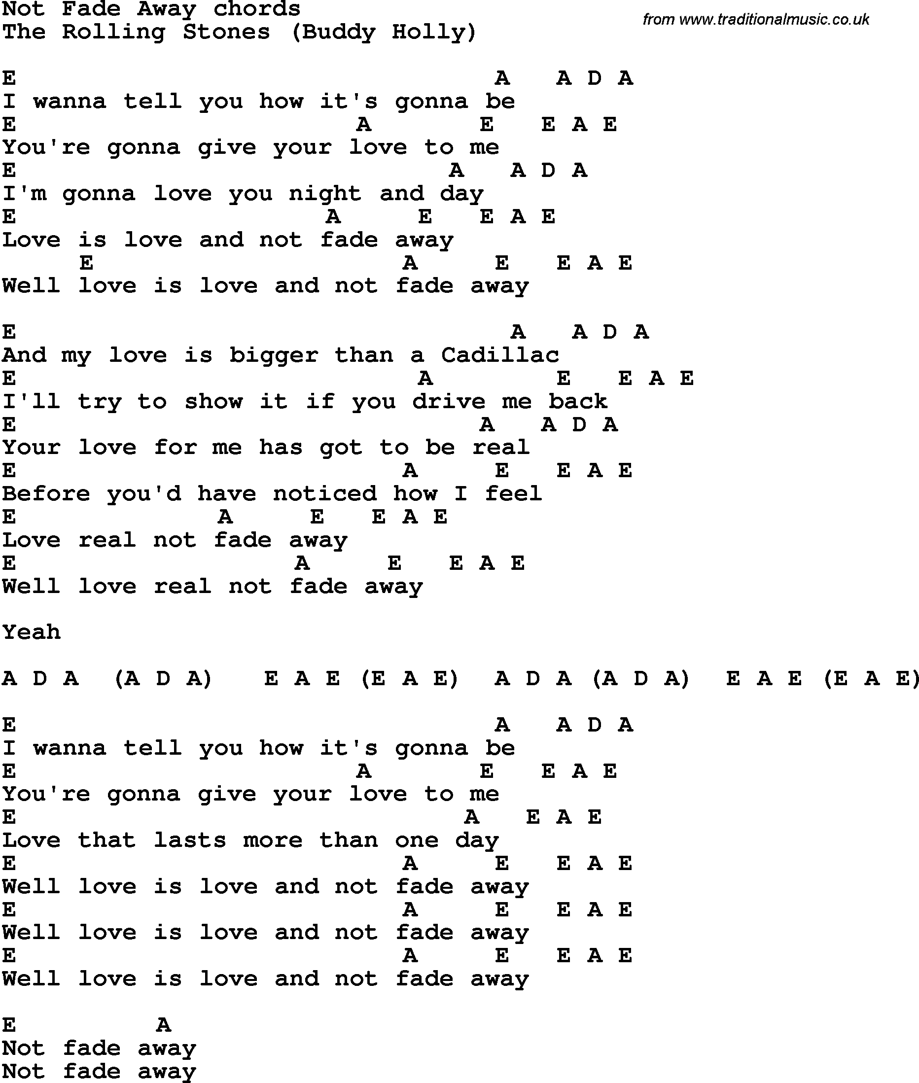 Song Lyrics with guitar chords for Not Fade Away - The Rolling Stones