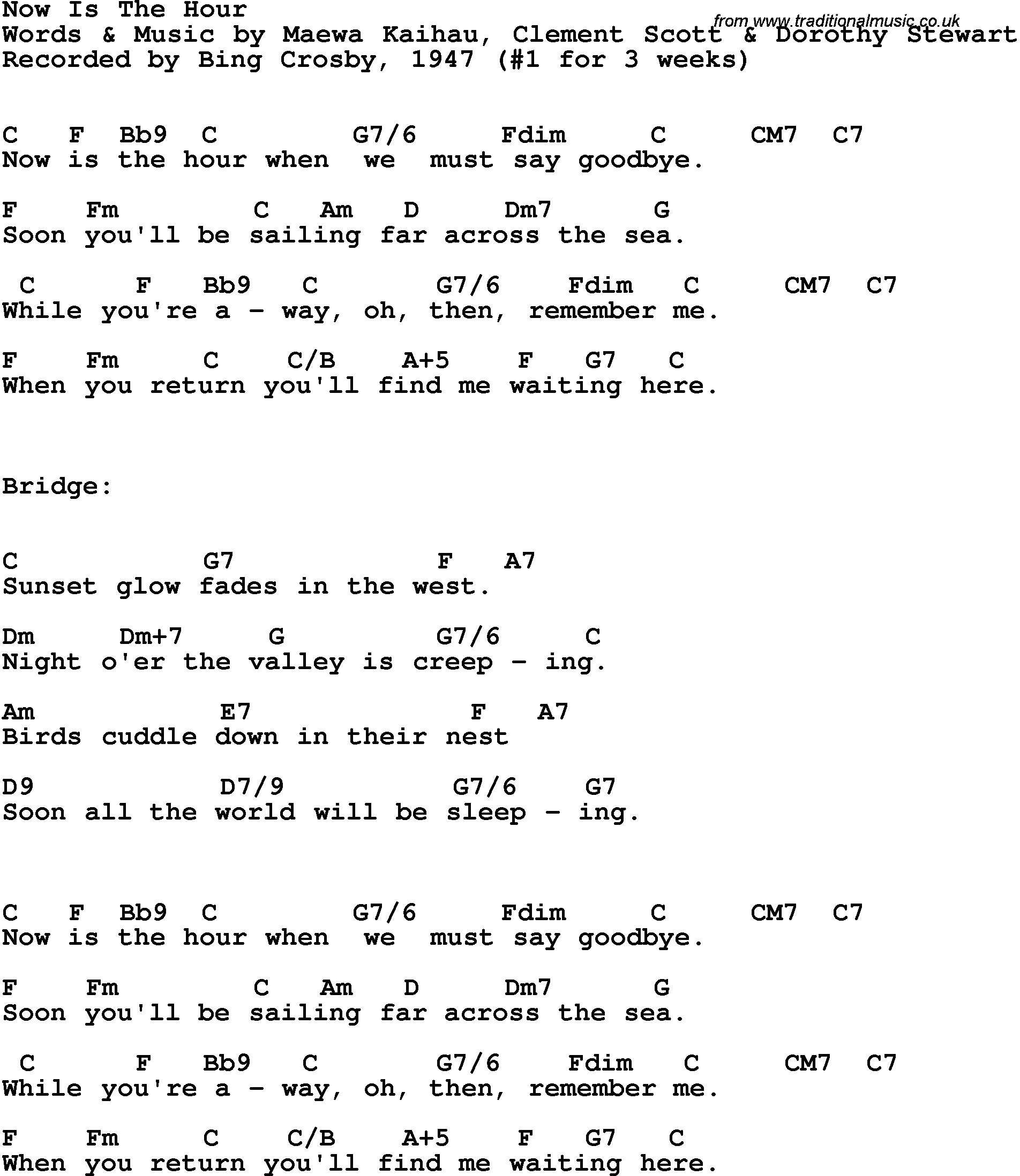 Song Lyrics with guitar chords for Now Is The Hour - Bing Crosby, 1947