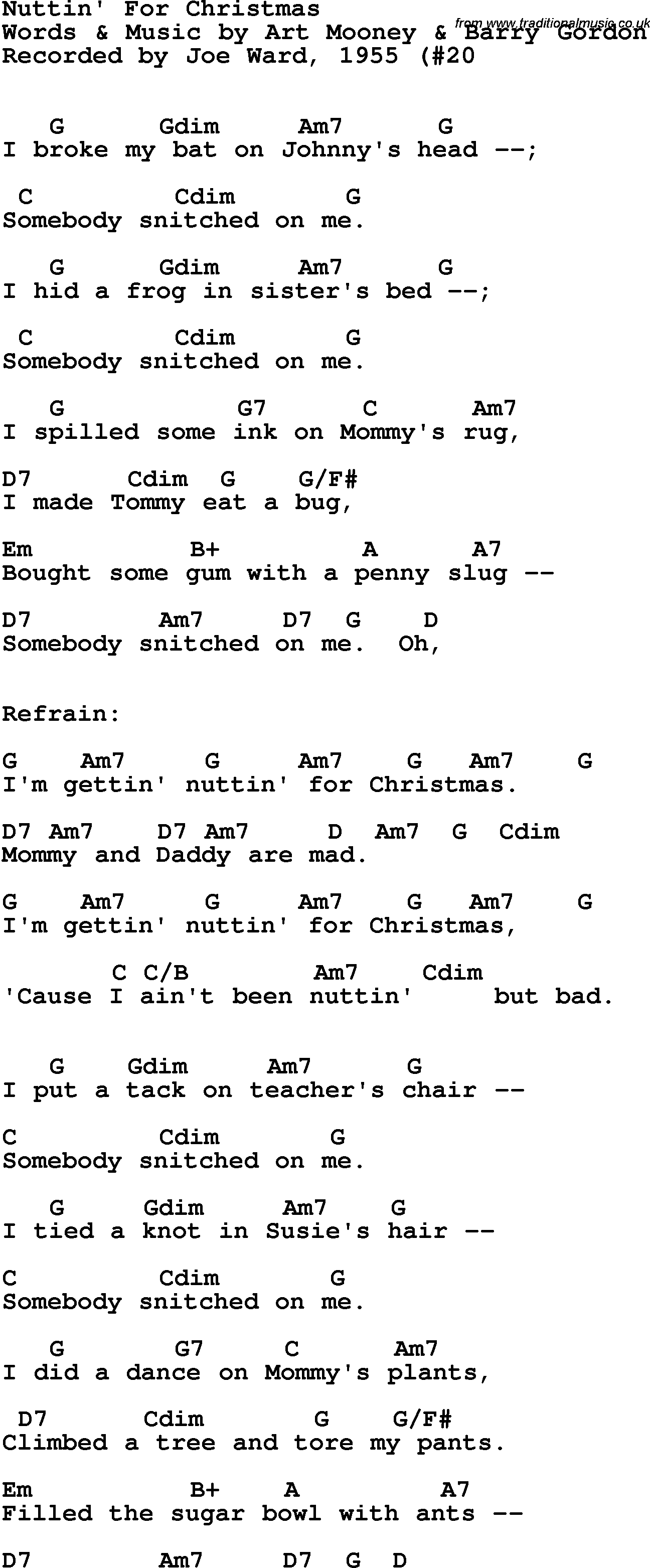 Song Lyrics with guitar chords for Nuttin' For Christmas - Joe Ward, 1950
