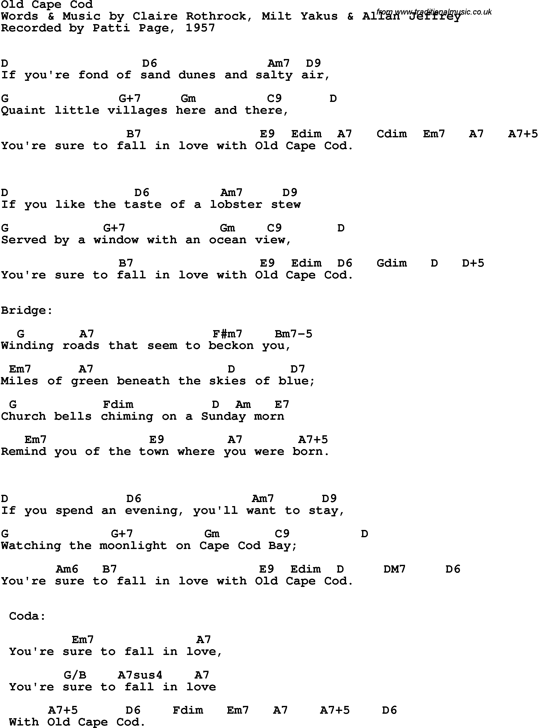 Song Lyrics with guitar chords for Old Cape Cod - Patti Page, 1957
