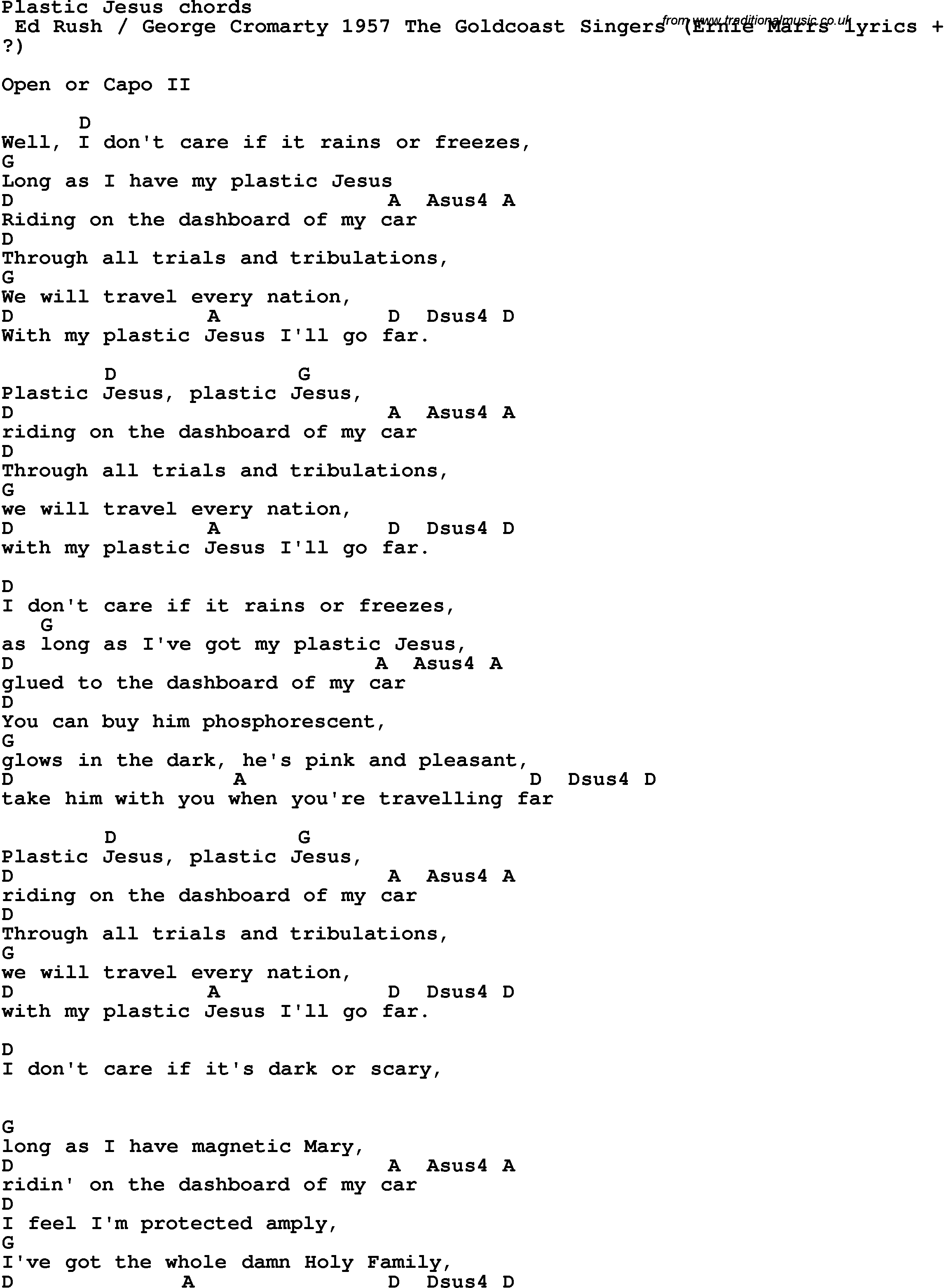 Song Lyrics with guitar chords for Plastic Jesus