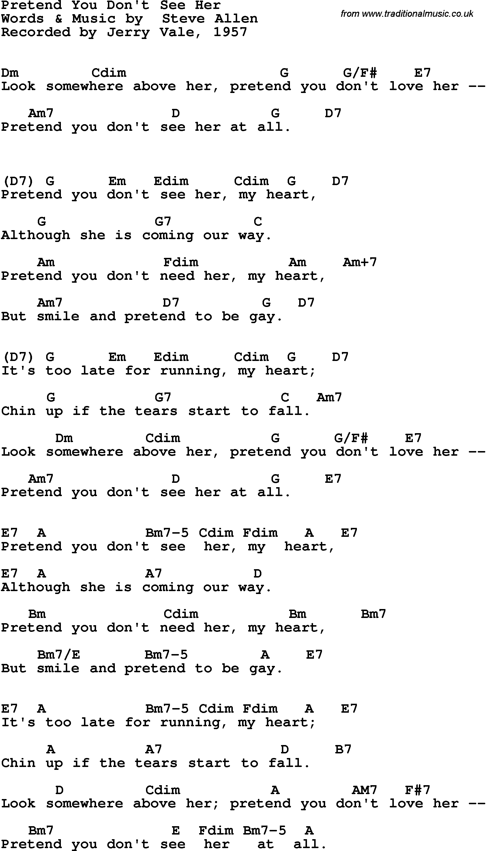 Song Lyrics with guitar chords for Pretend You Don't See Her - Jerry Vale, 1957