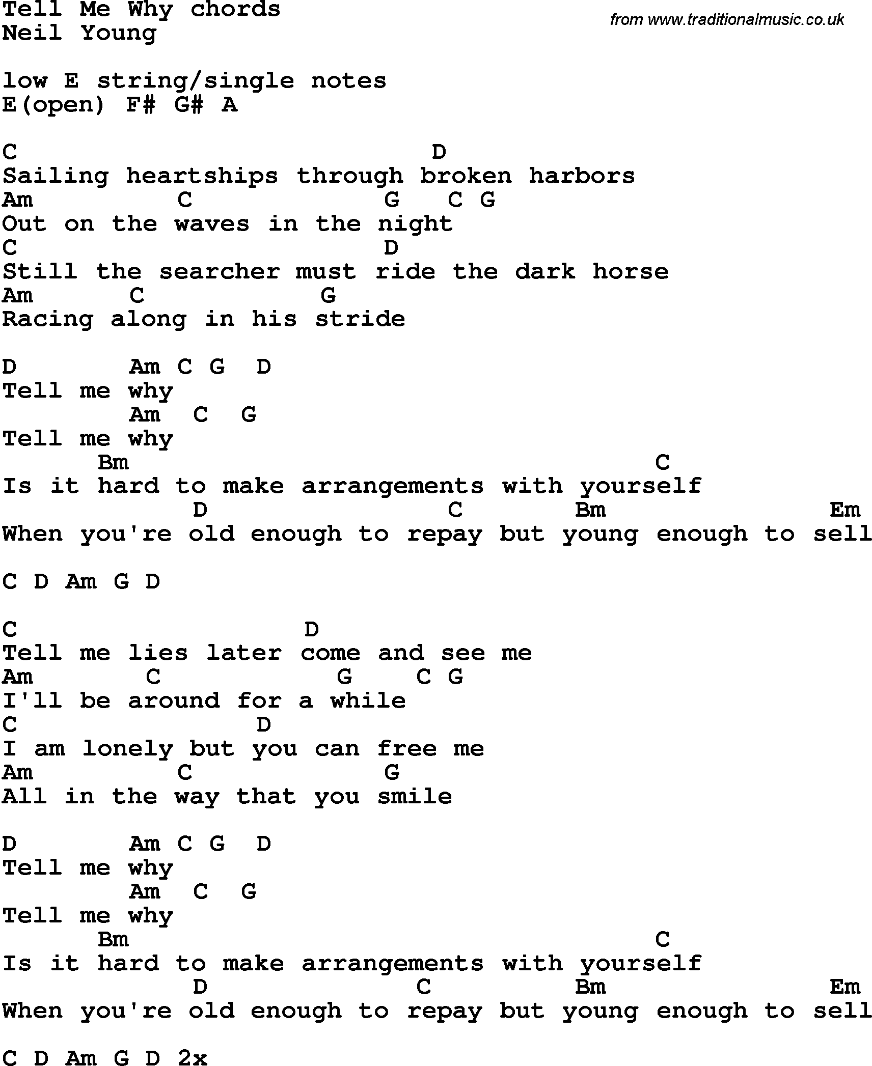 Song Lyrics with guitar chords for Tell Me Why - Neil Young