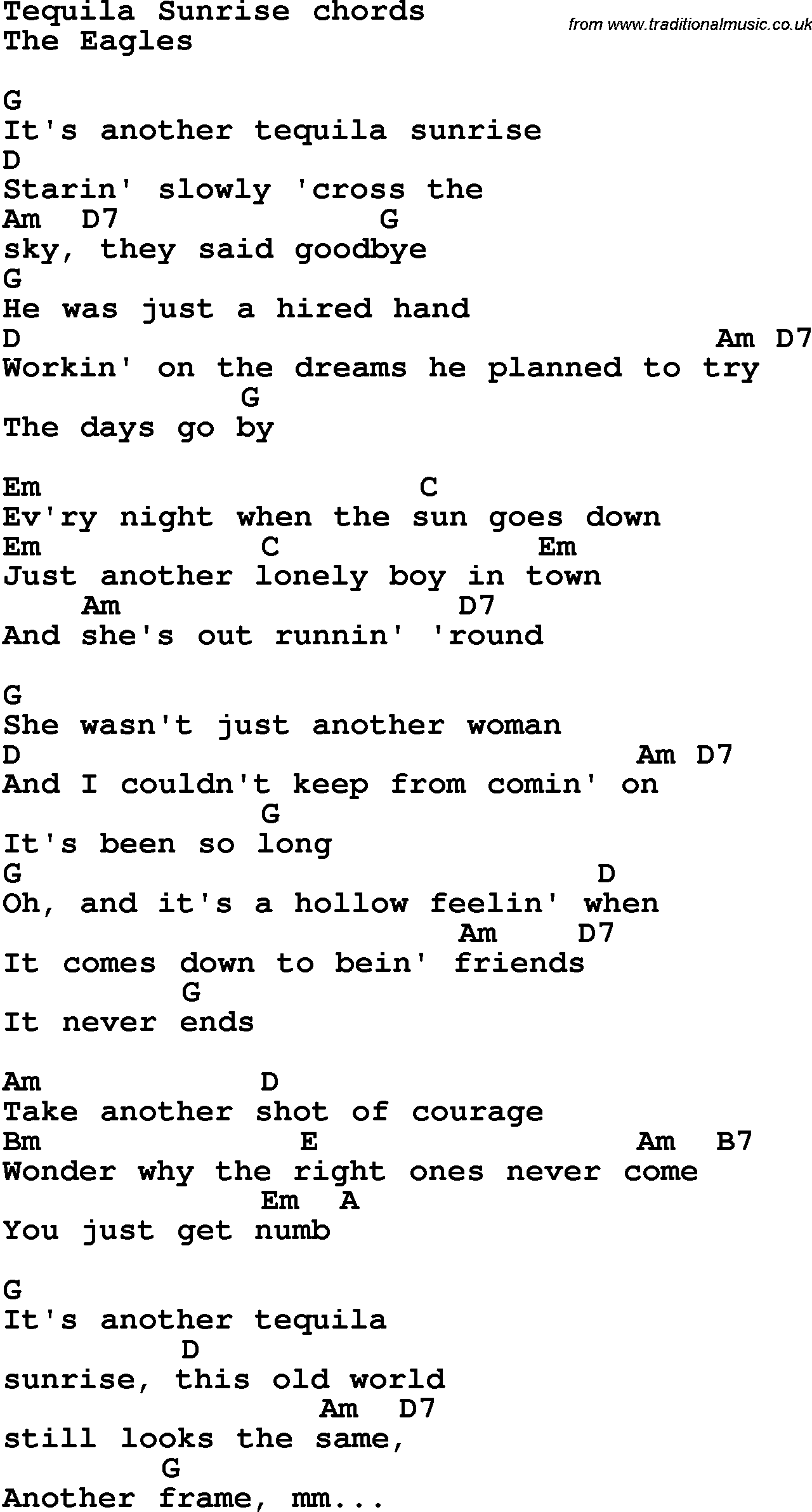 Song Lyrics with guitar chords for Tequila Sunrise - The Eagles