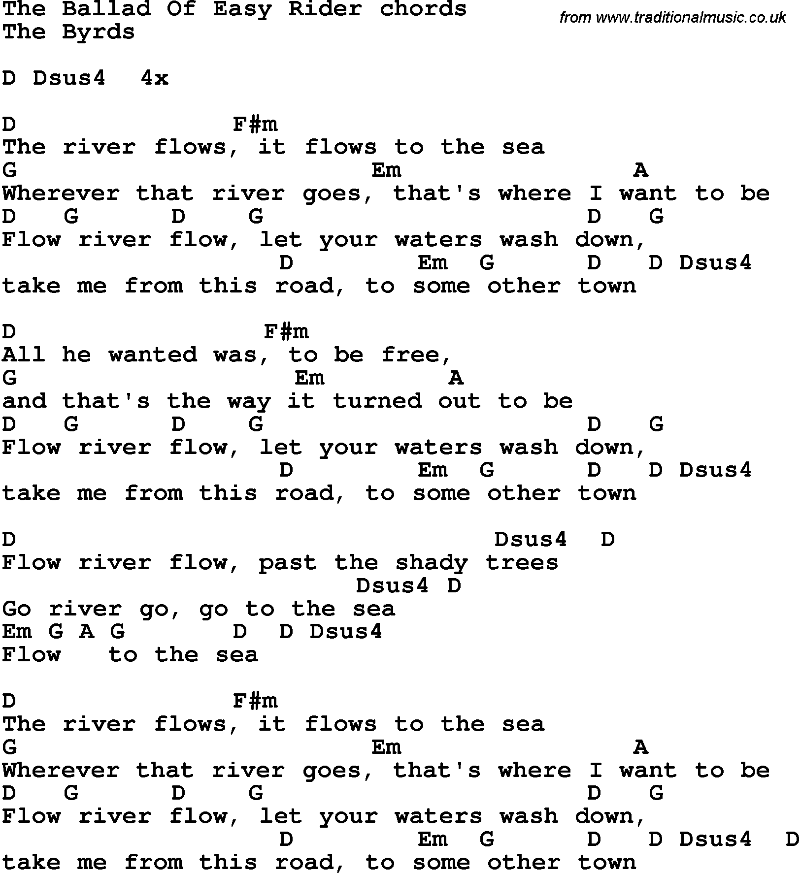 Song Lyrics with guitar chords for The Ballad Of Easy Rider