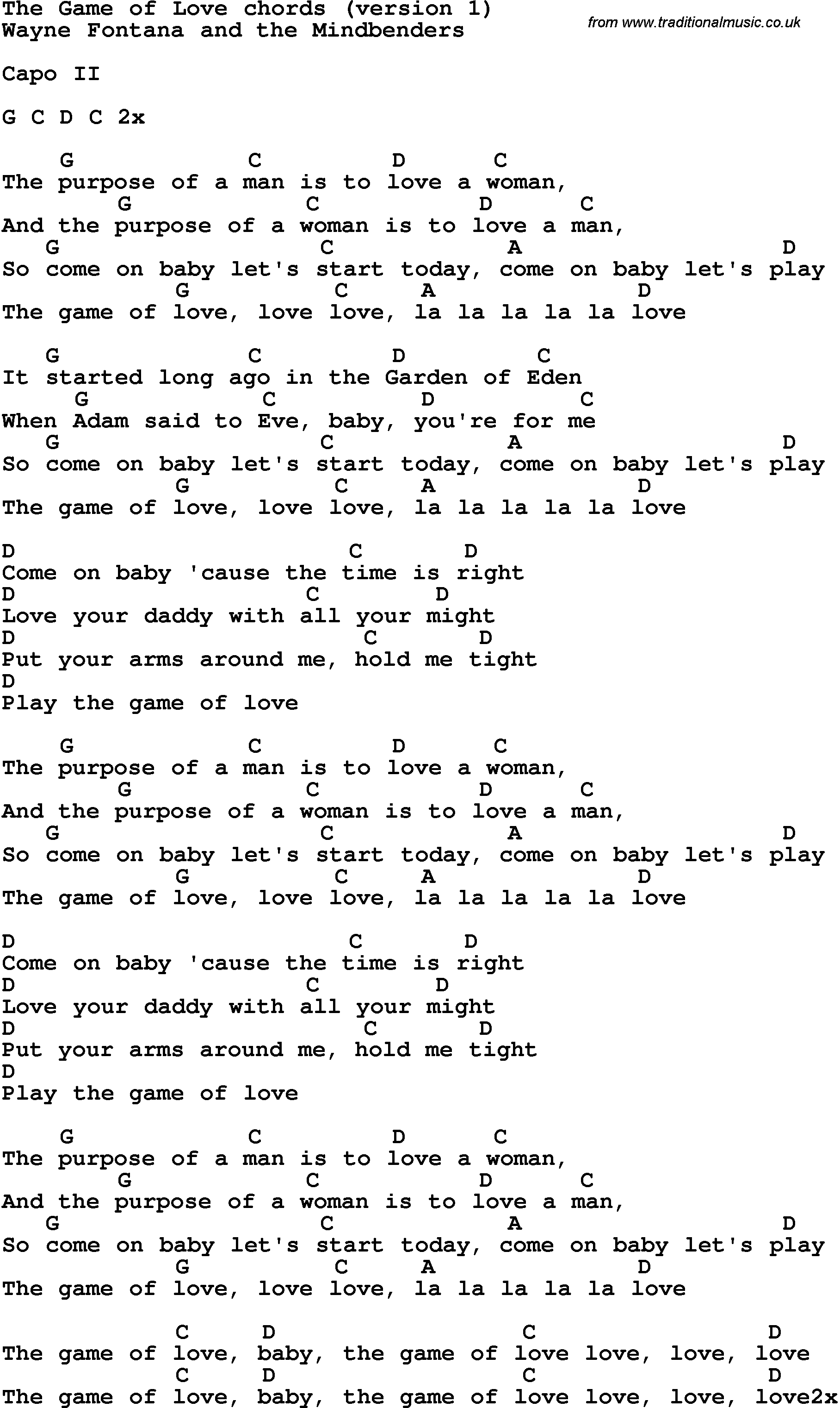 Song lyrics with guitar chords for The Game Of Love Wayne Fontana And