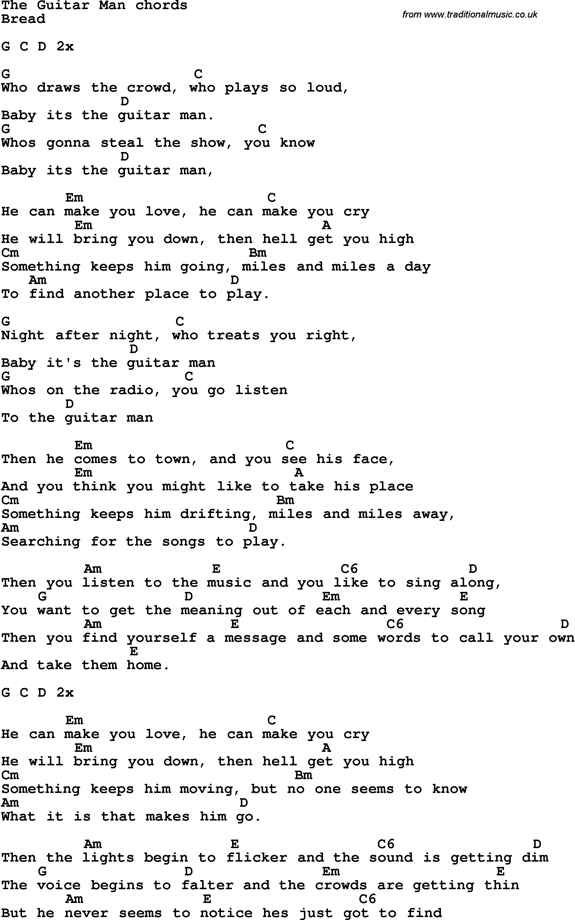 Song Lyrics with guitar chords for The Guitar Man