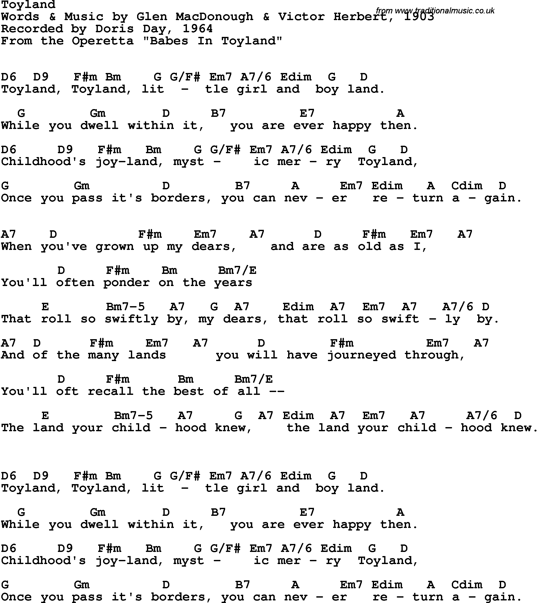 Song Lyrics with guitar chords for Toyland - Doris Day, 1964
