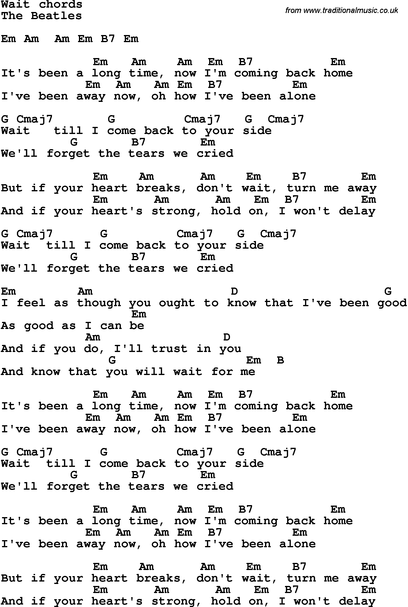Song Lyrics with guitar chords for Wait