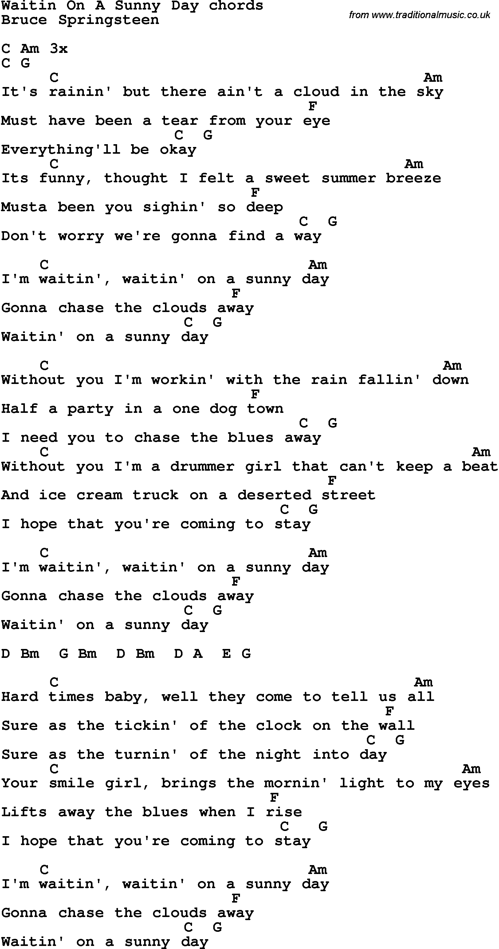 Song Lyrics with guitar chords for Waitin' On A Sunny Day