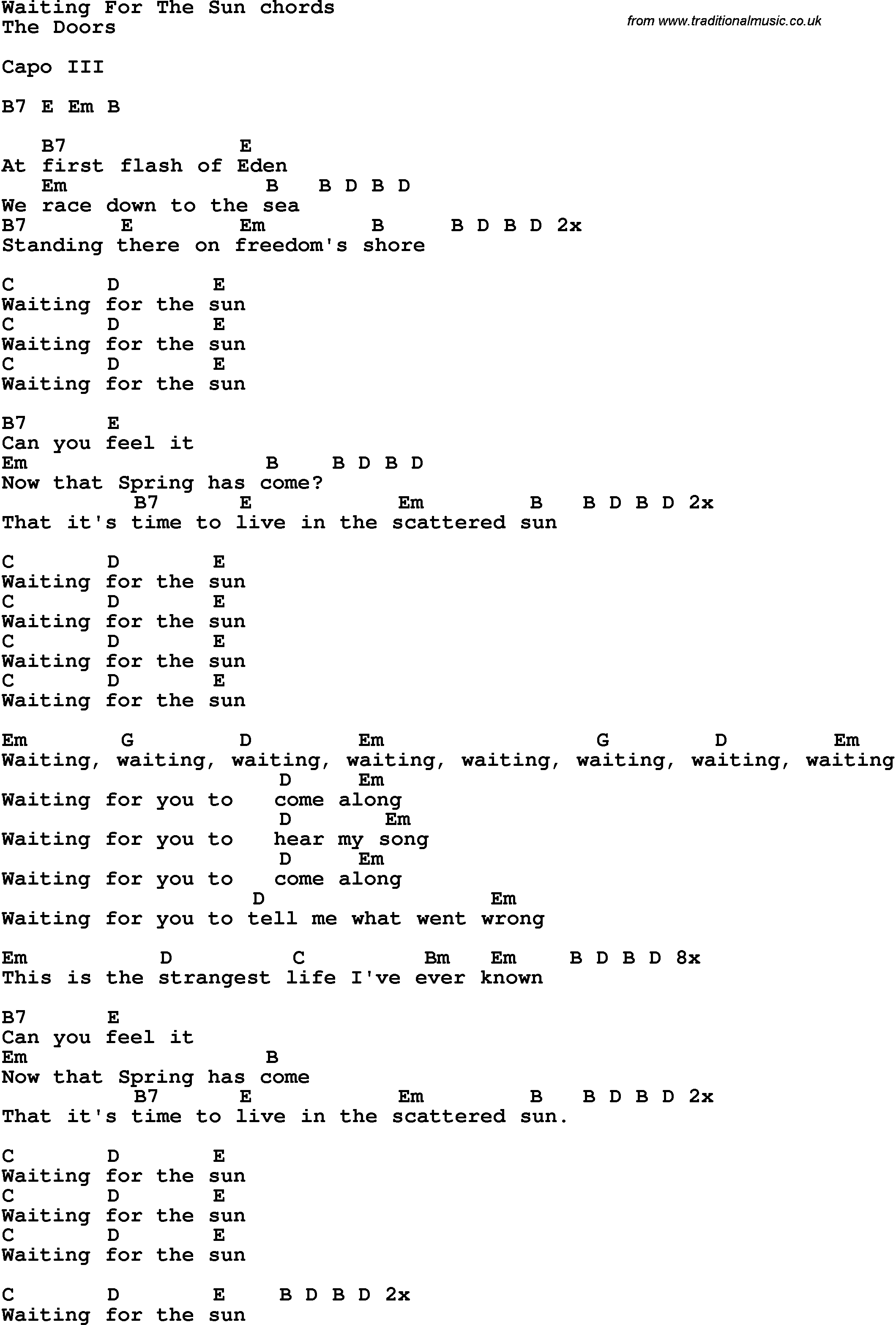 Song Lyrics with guitar chords for Waiting For The Sun