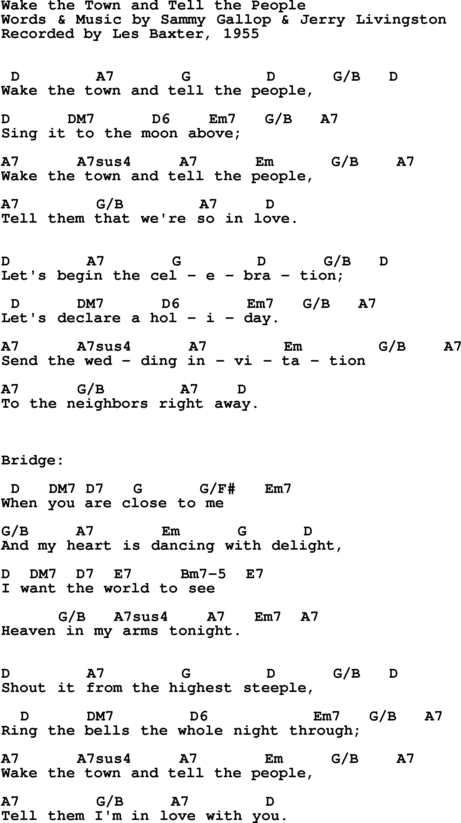 Song Lyrics with guitar chords for Wake The Town And Tell The People - Les Baxter, 1955