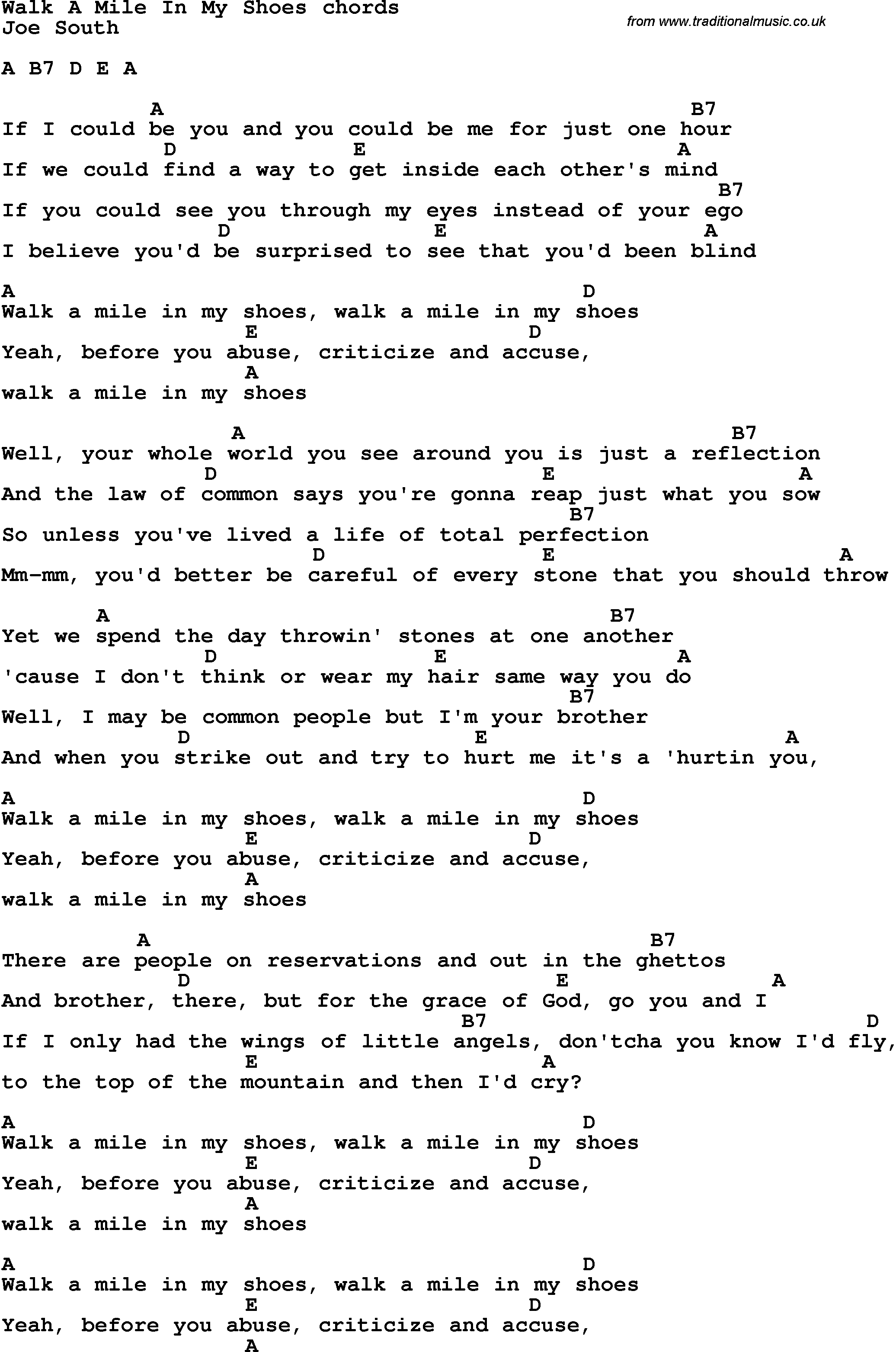 Song Lyrics with guitar chords for Walk A Mile In My Shoes