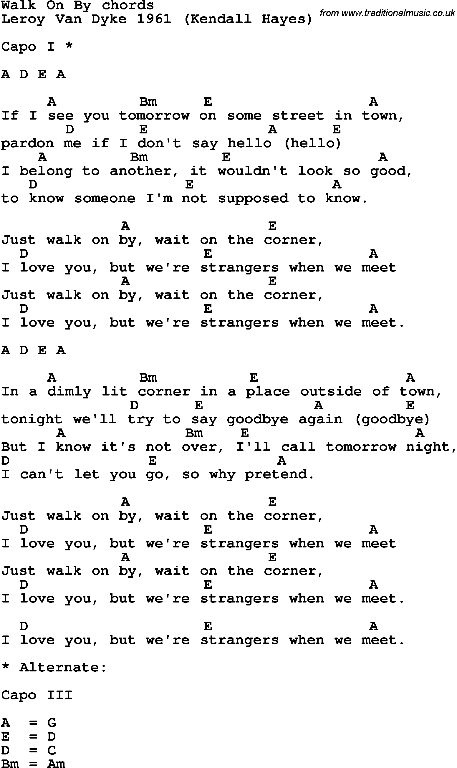Song Lyrics with guitar chords for Walk On By