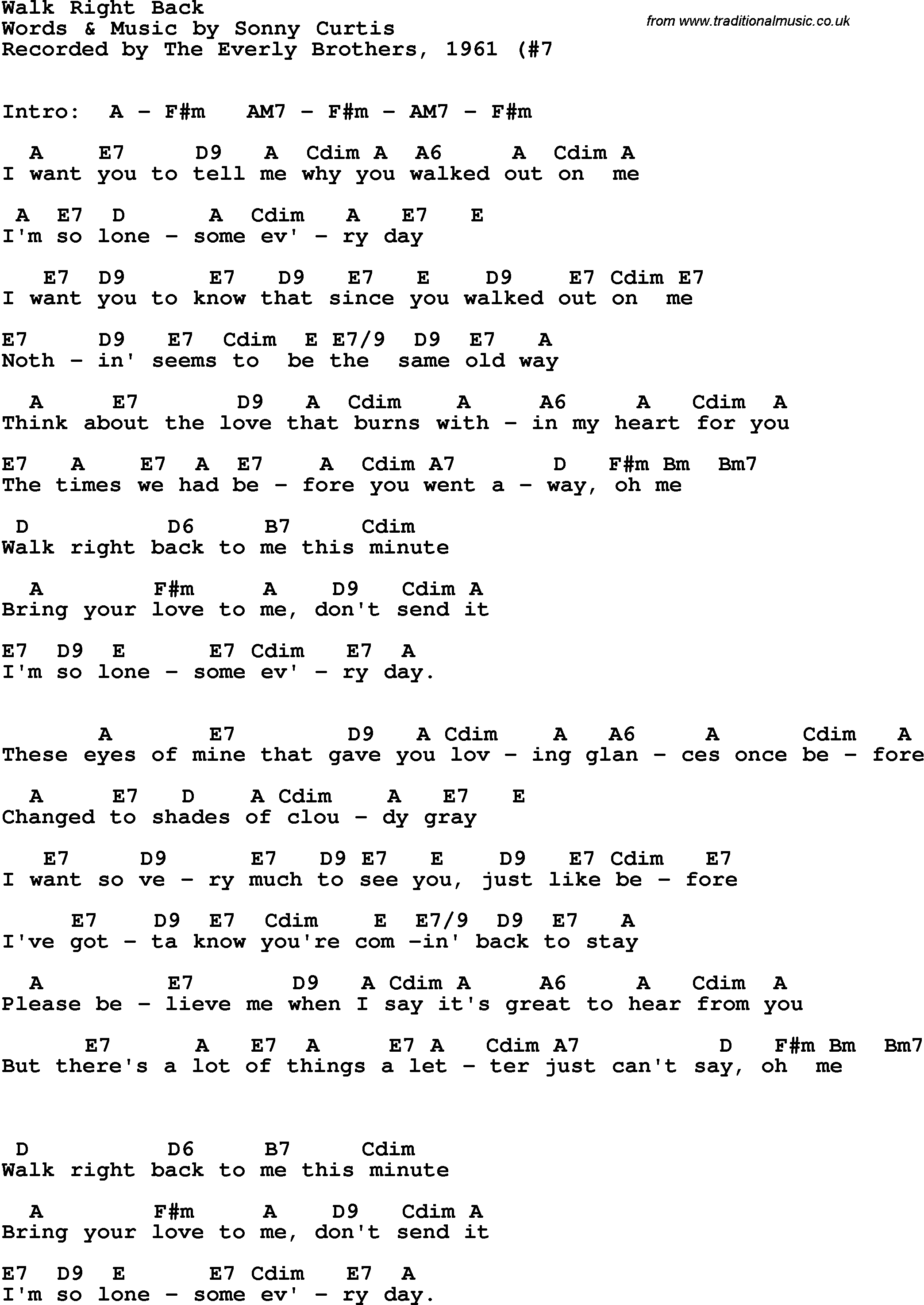 Song Lyrics with guitar chords for Walk Right Back - The Everly Brothers, 1961