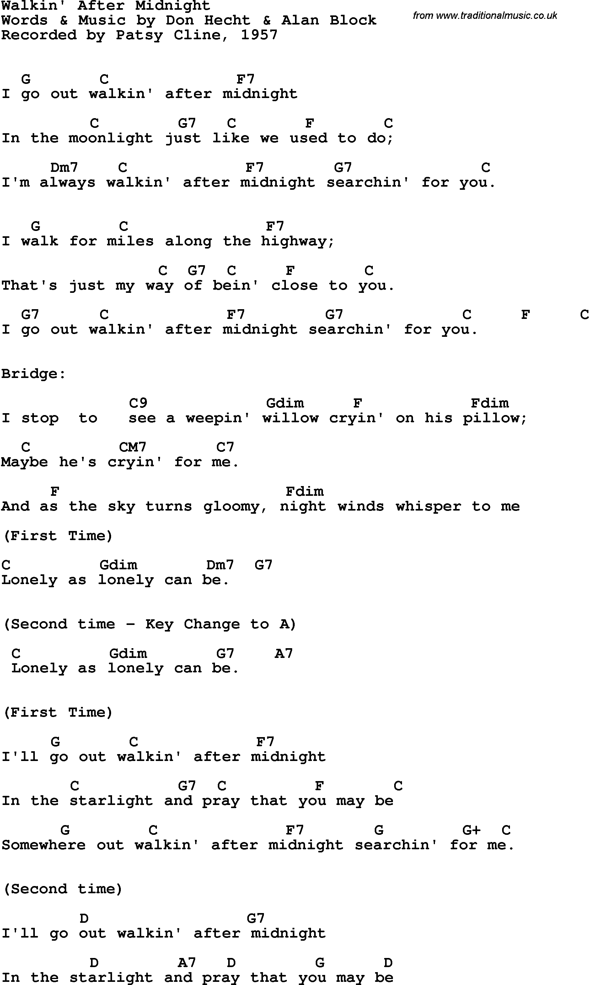 Song Lyrics with guitar chords for Walkin' After Midnight - Patsy Cline, 1957