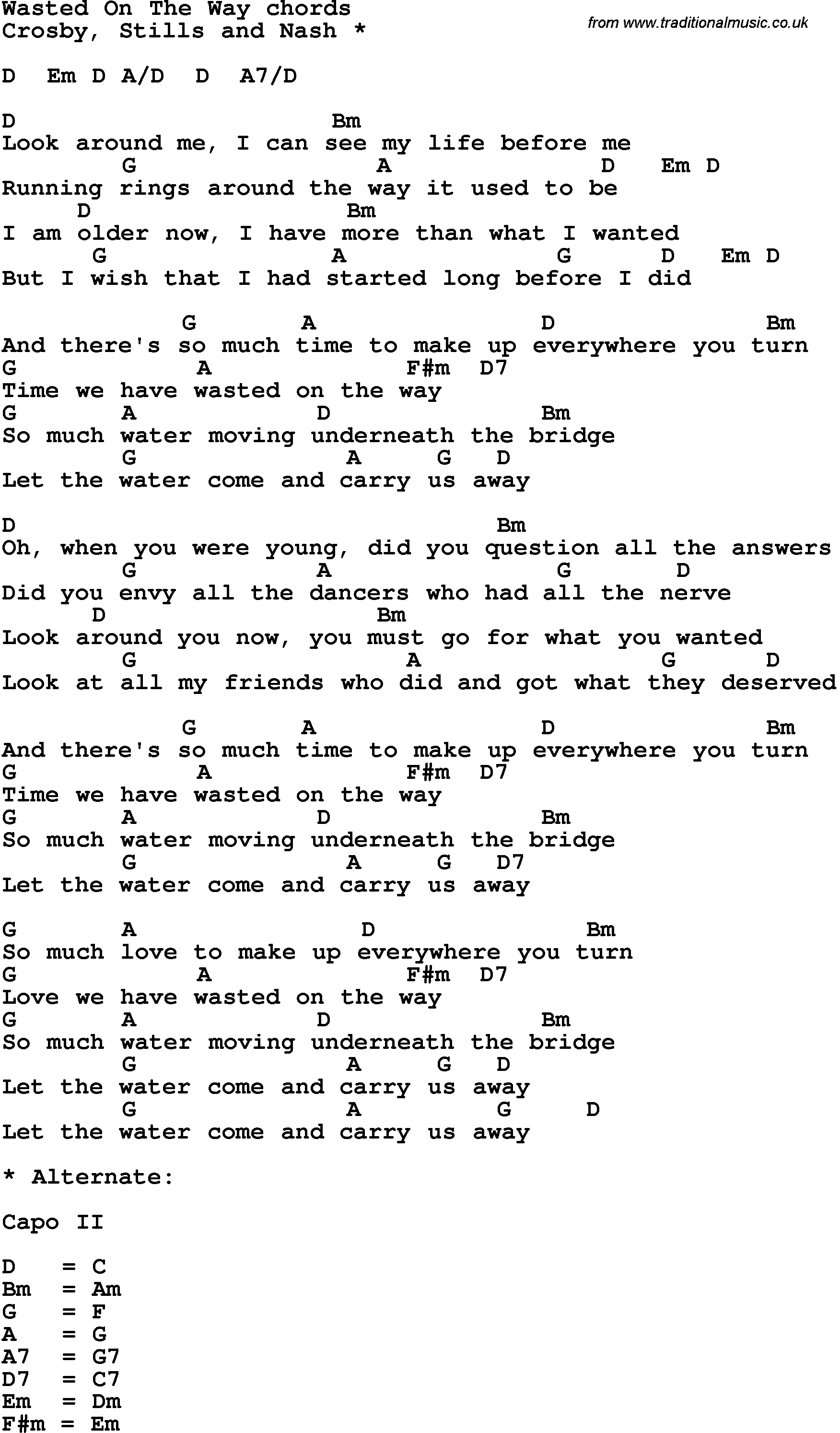 Song Lyrics with guitar chords for Wasted On The Way