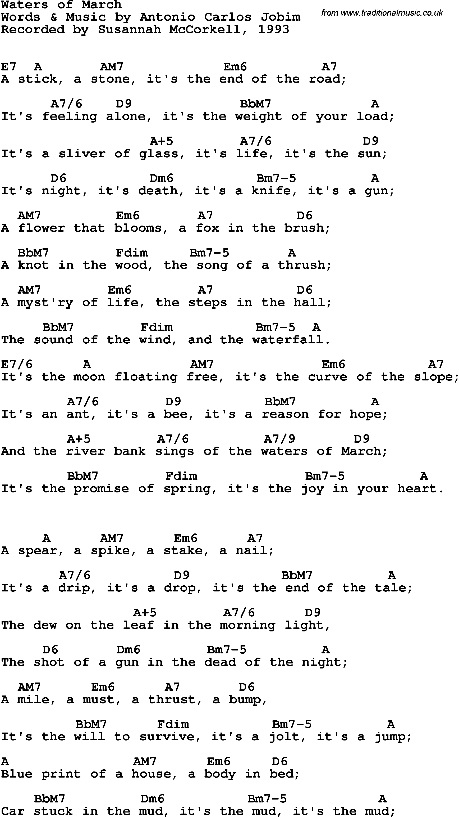 Song Lyrics with guitar chords for Waters Of March - Susannah McCorkle, 1993