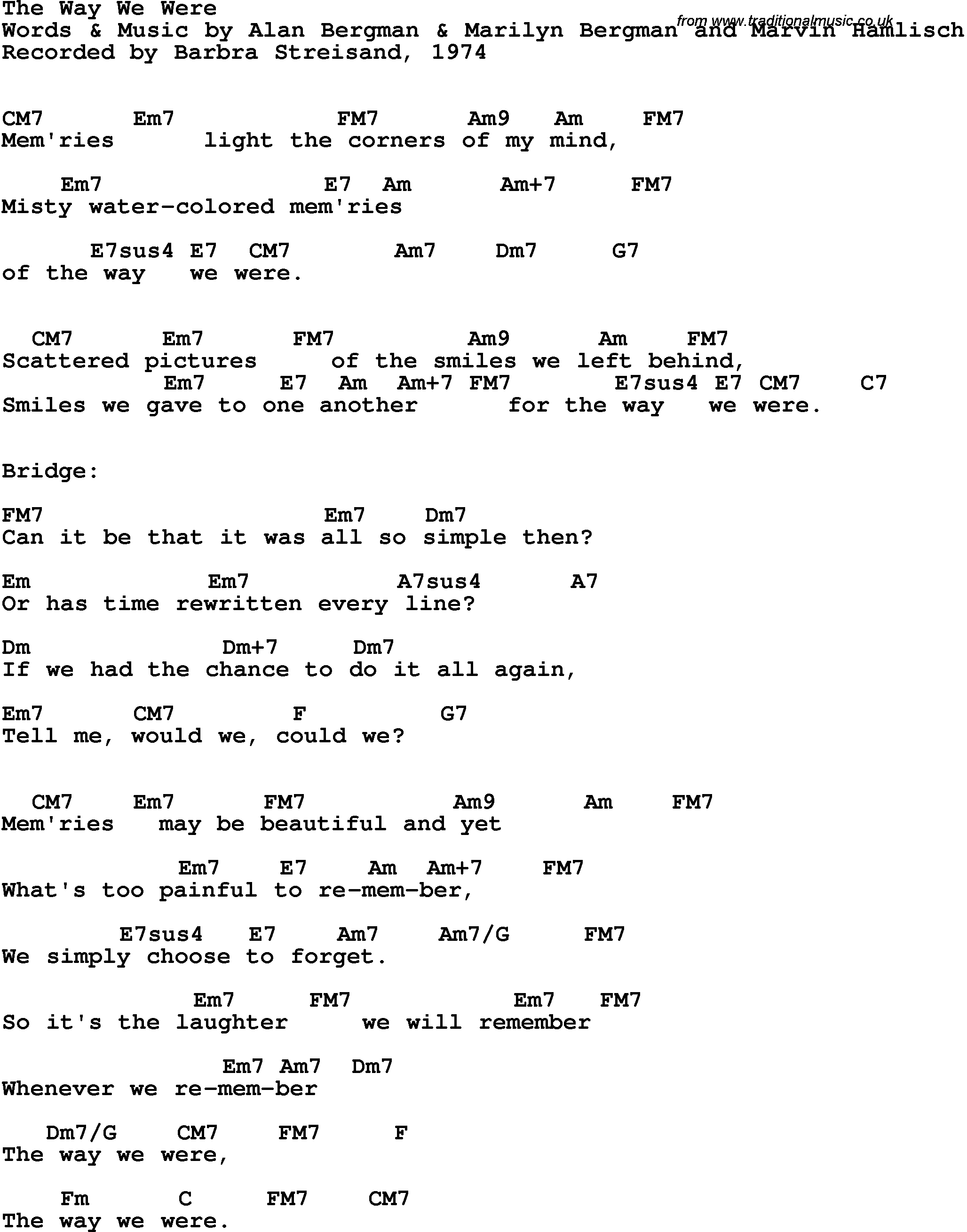 Song Lyrics with guitar chords for Way We Were, The - Barbra Streisand, 1973