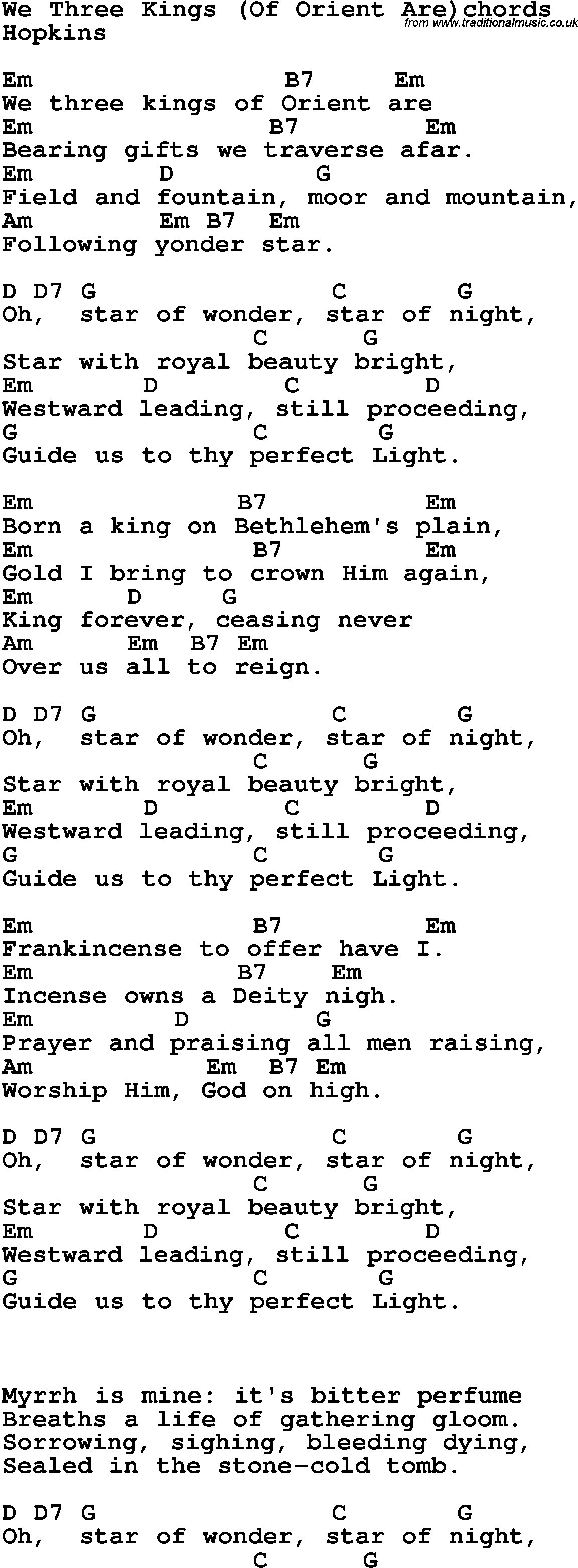 Song Lyrics with guitar chords for We Three Kings