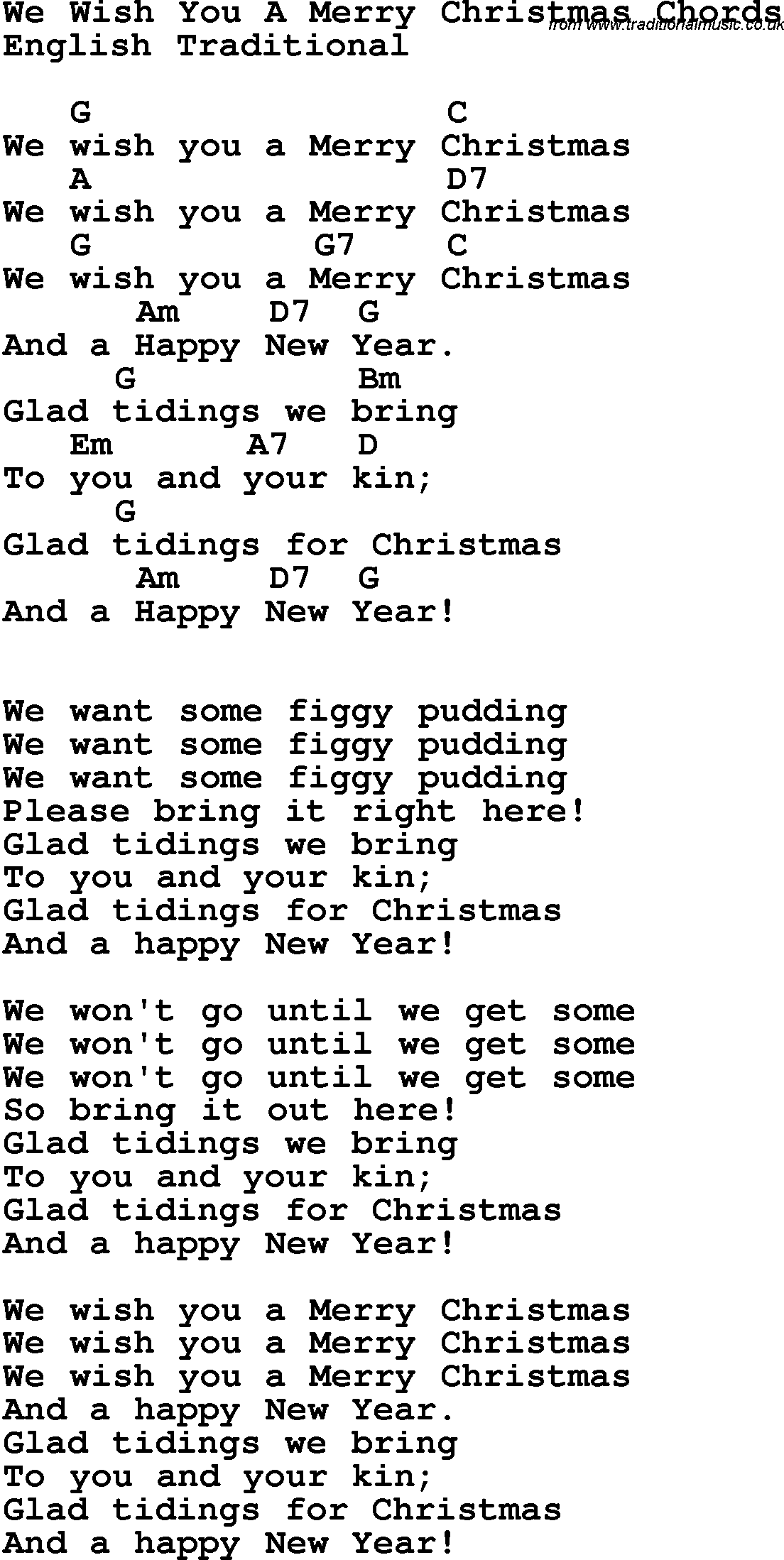 Song lyrics with guitar chords for We Wish You A Merry Christmas