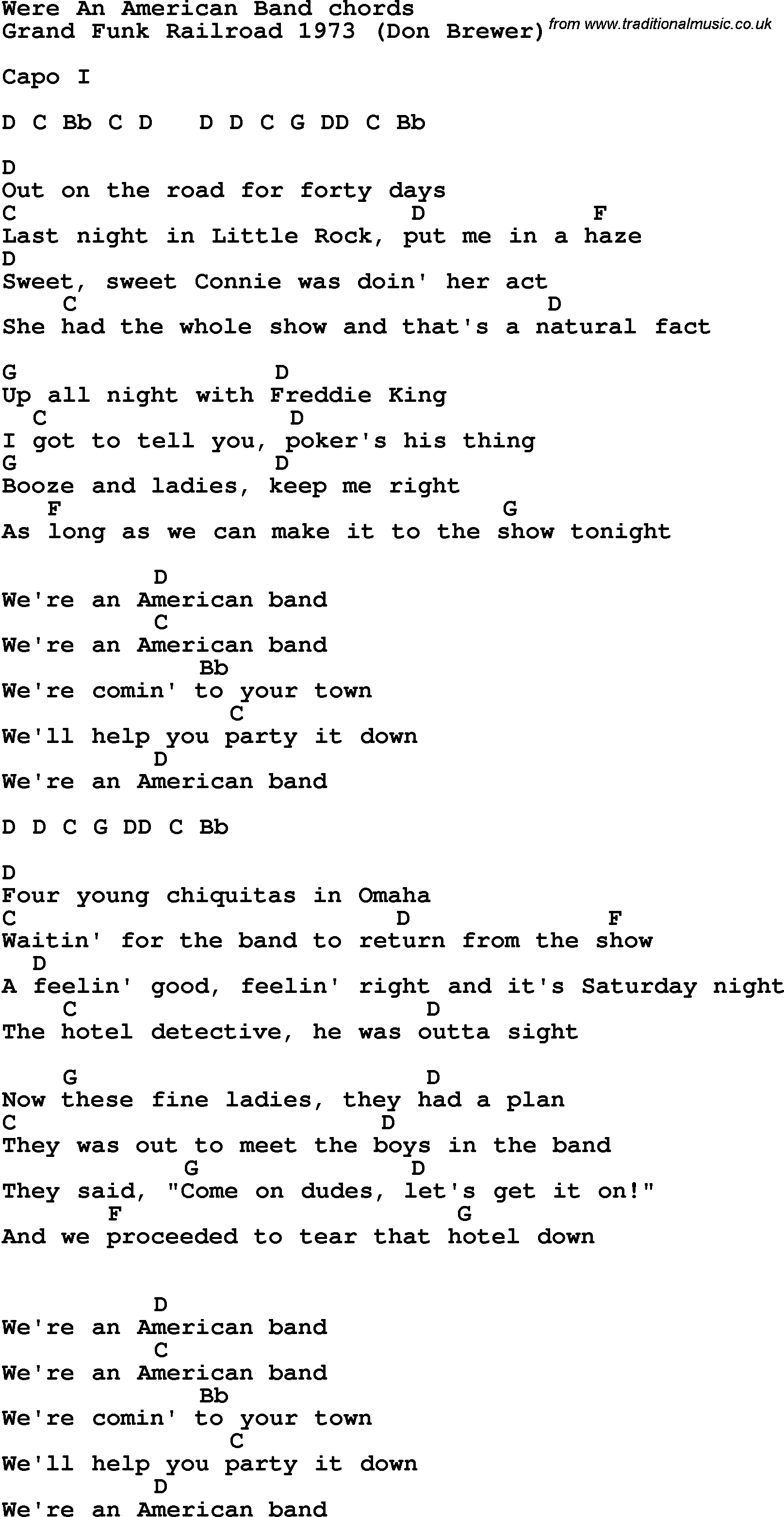 Song Lyrics with guitar chords for We're An American Band