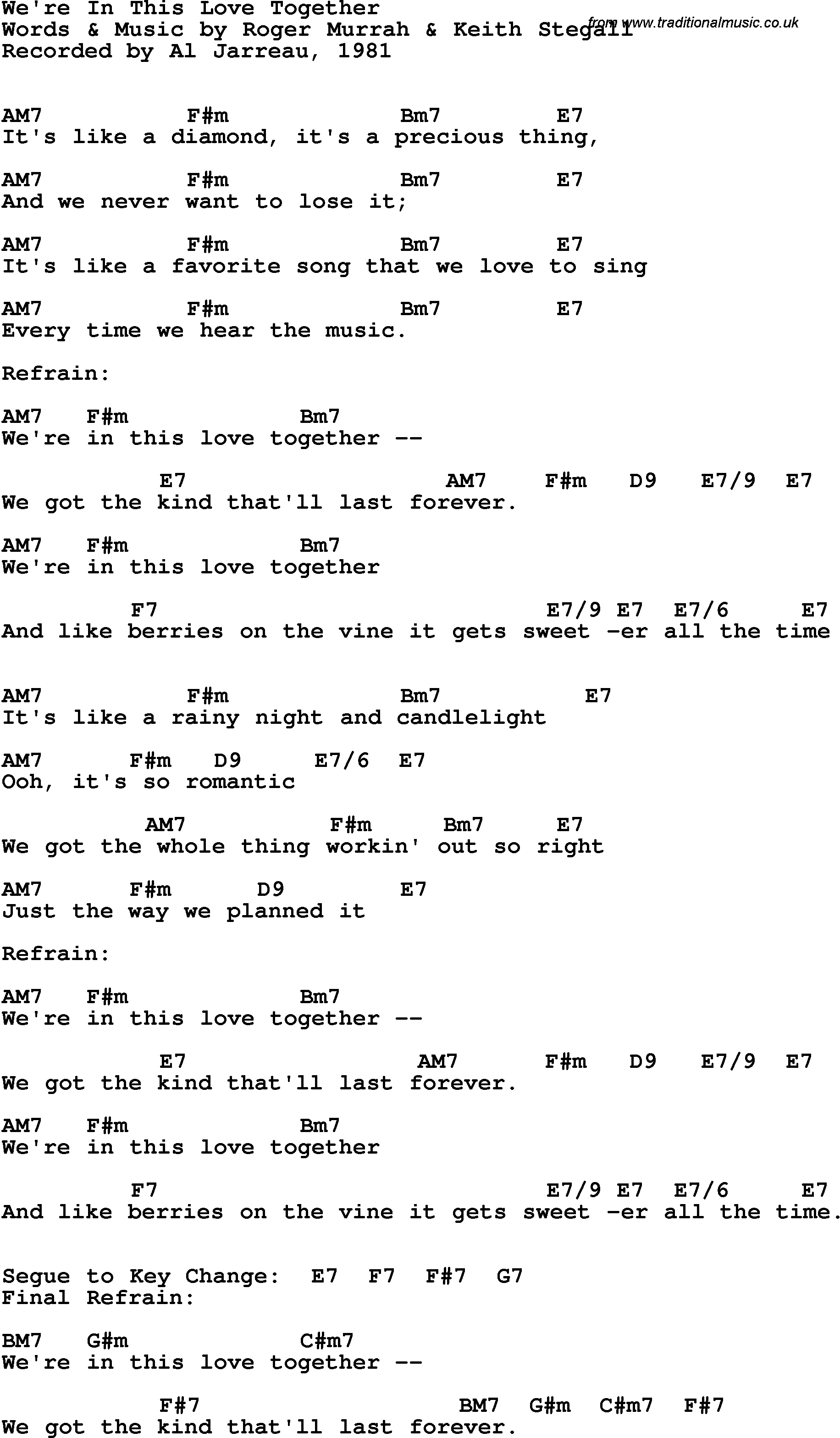 Song Lyrics with guitar chords for We're In This Love Together - Al Jarreau, 1981