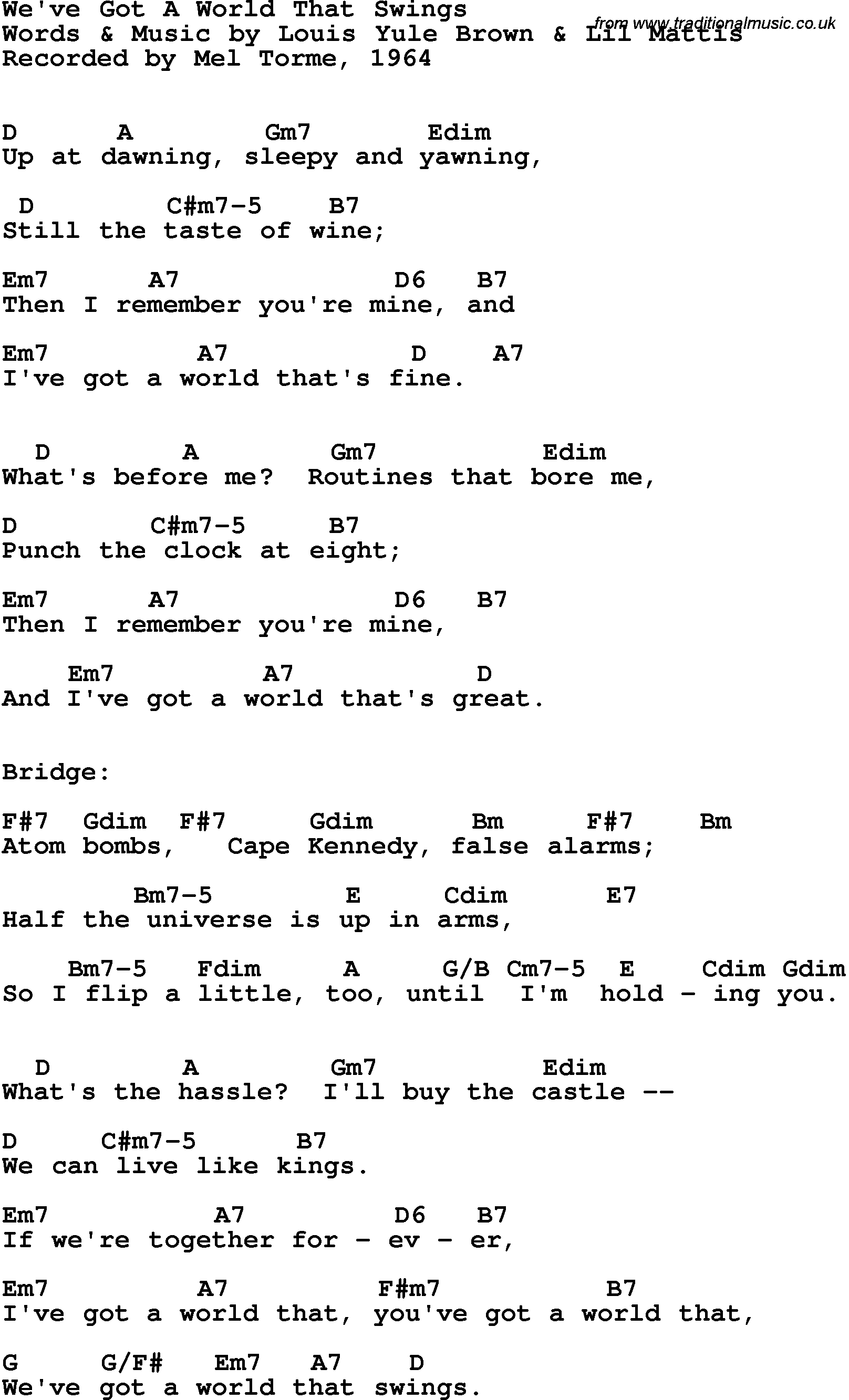 Song Lyrics with guitar chords for We've Got A World That Swings - Mel Torme, 1964