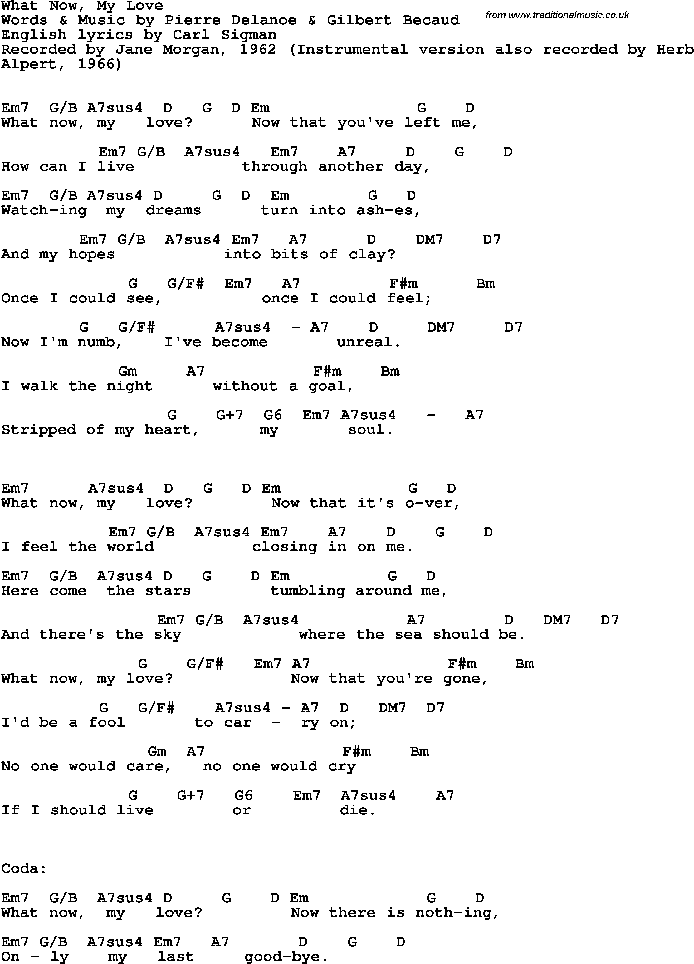 Song Lyrics with guitar chords for What Now My Love - Jane Morgan, 1962