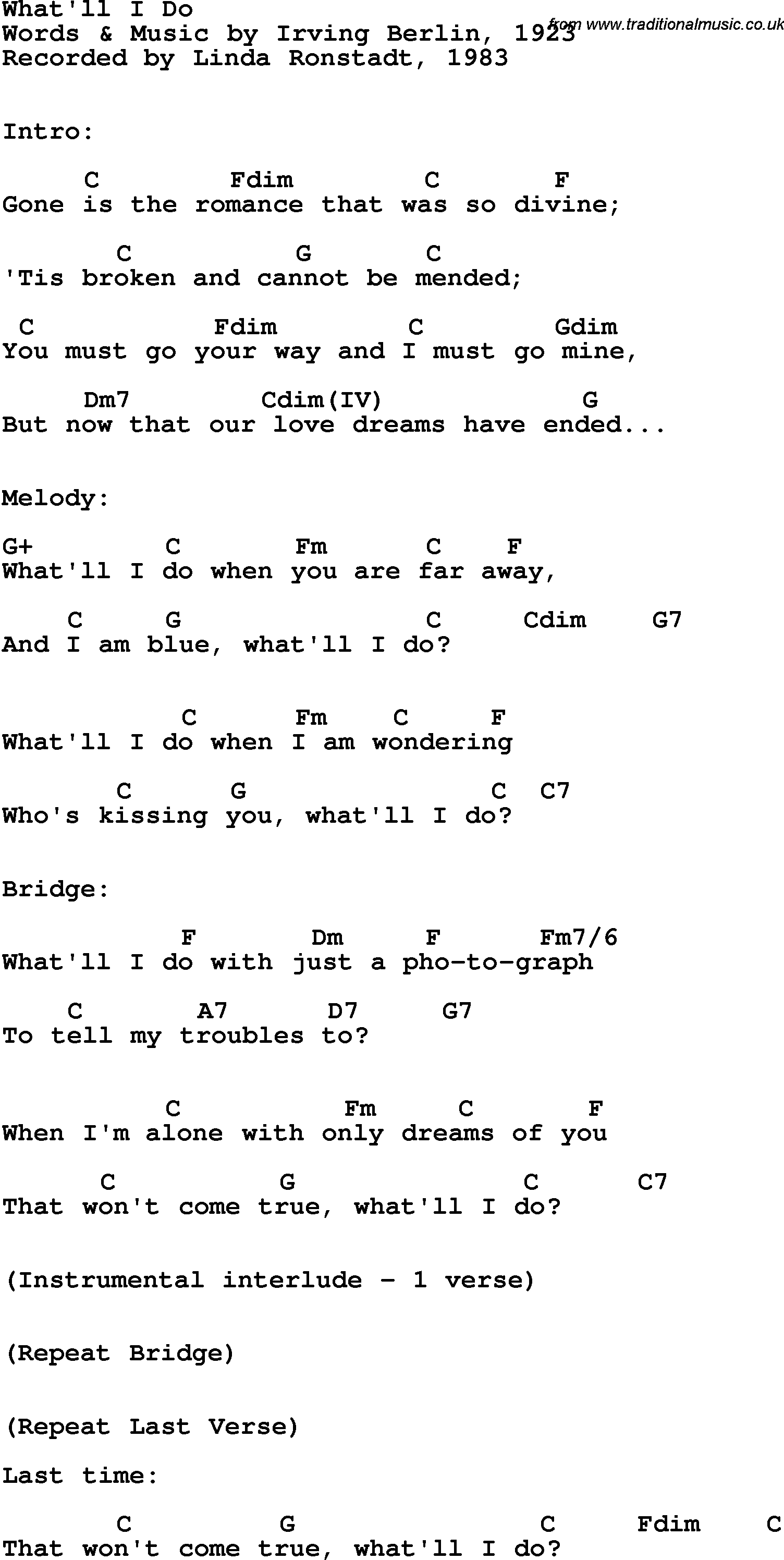 Song Lyrics with guitar chords for What'll I Do - Linda Ronstadt, 1983