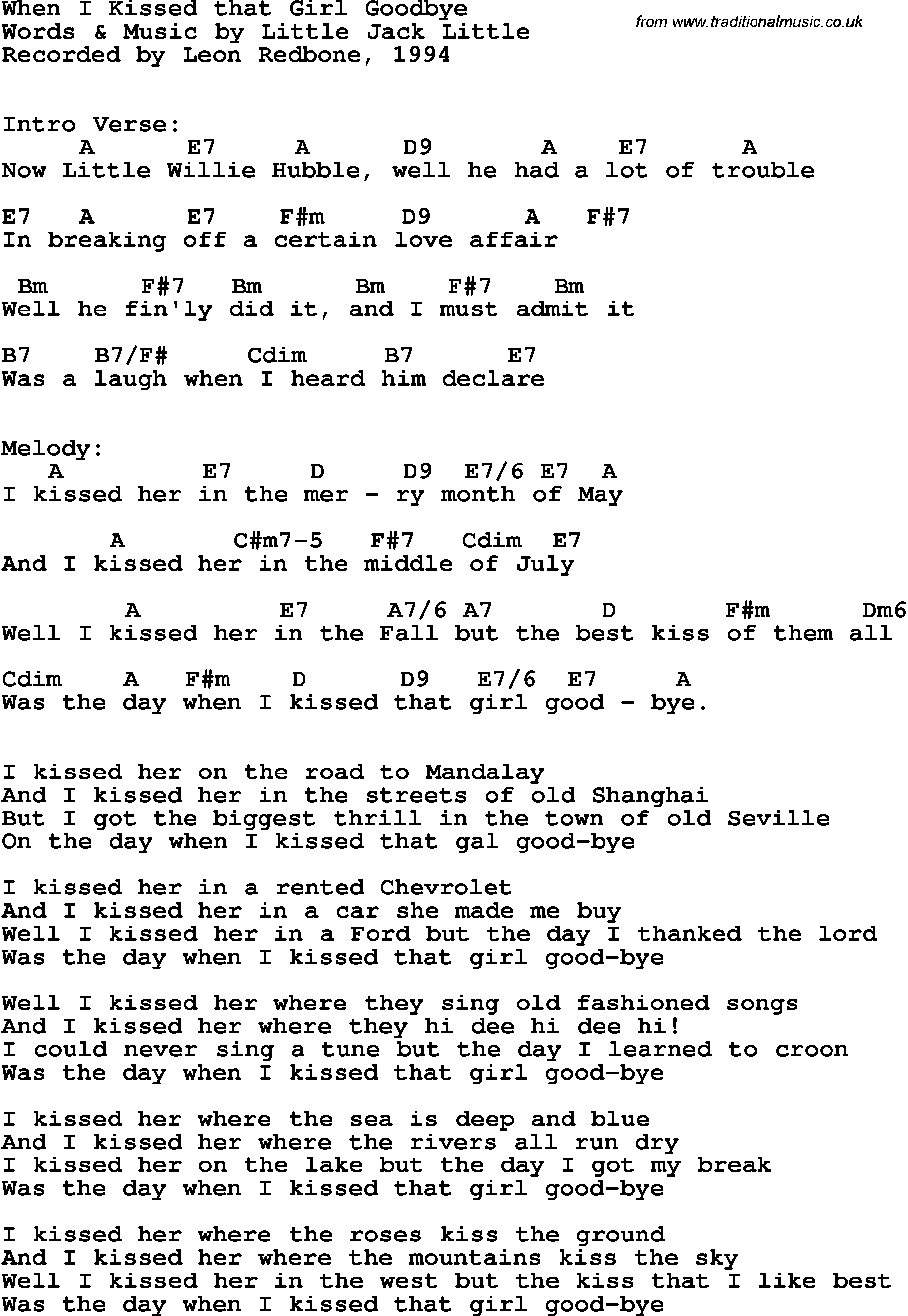 Song Lyrics with guitar chords for When I Kissed That Girl Goodbye - Leon Redbone, 1994
