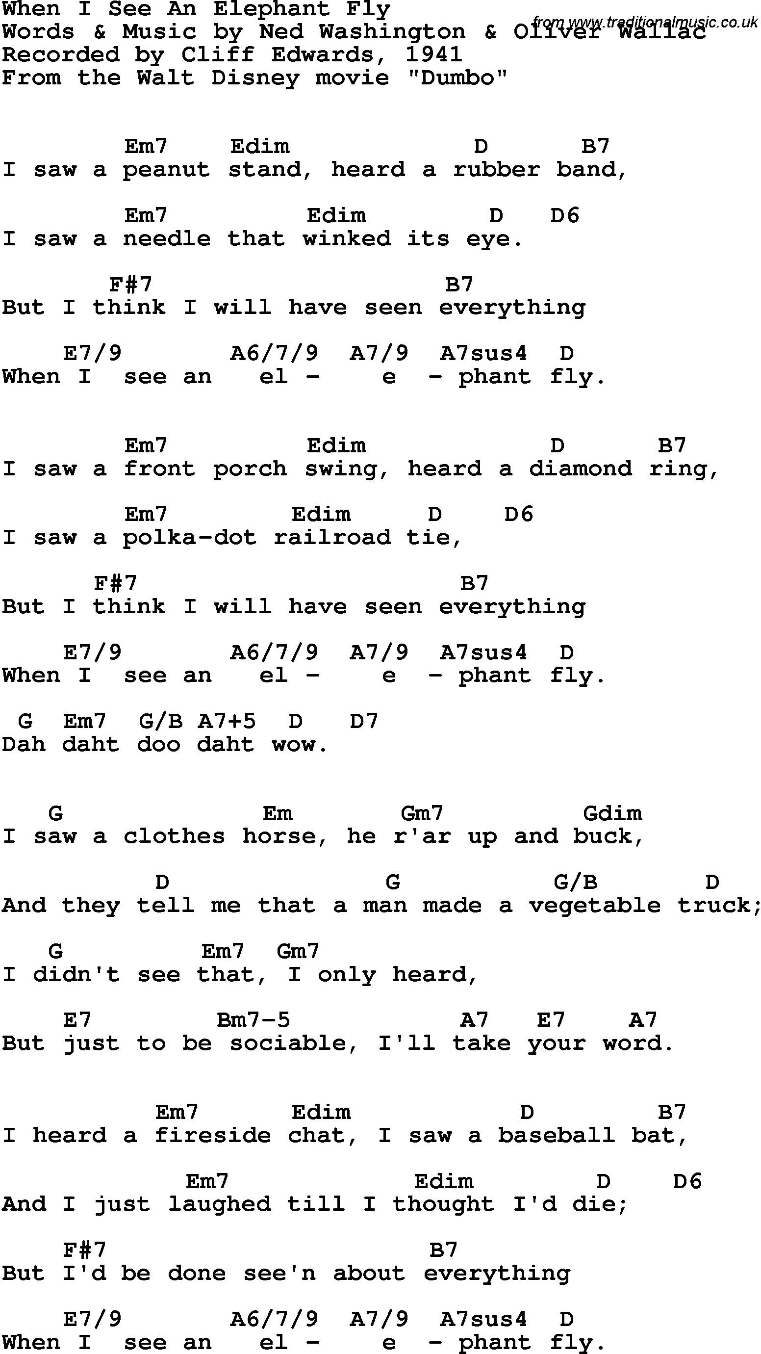 Song Lyrics with guitar chords for When I See An Elephant Fly - Cliff Edwards, 1941