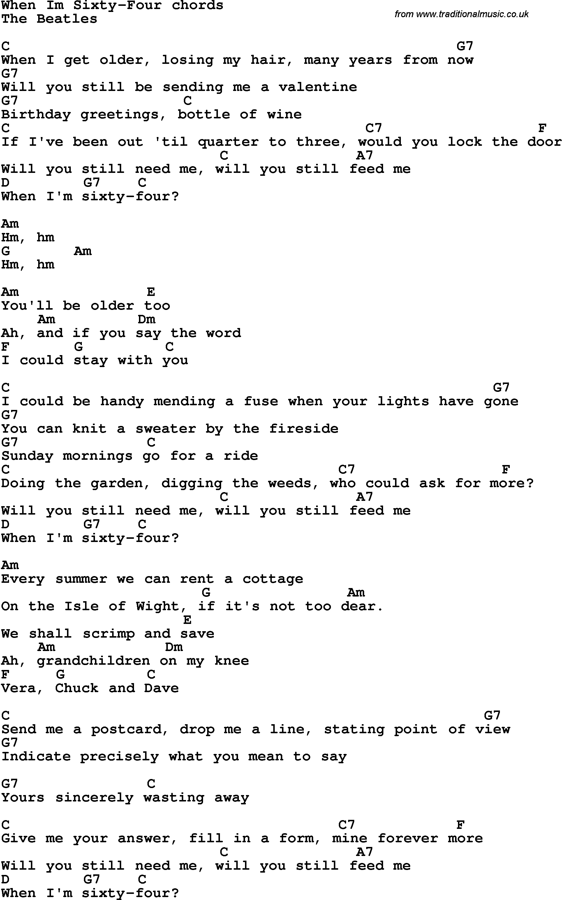 Song Lyrics with guitar chords for When I'm 64 - The Beatles