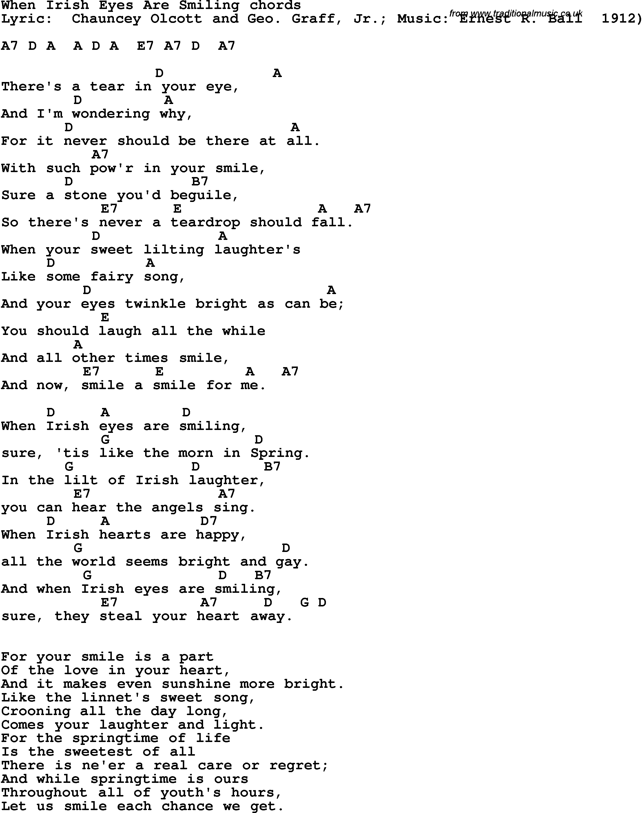 Song Lyrics with guitar chords for When Irish Eyes Are Smiling