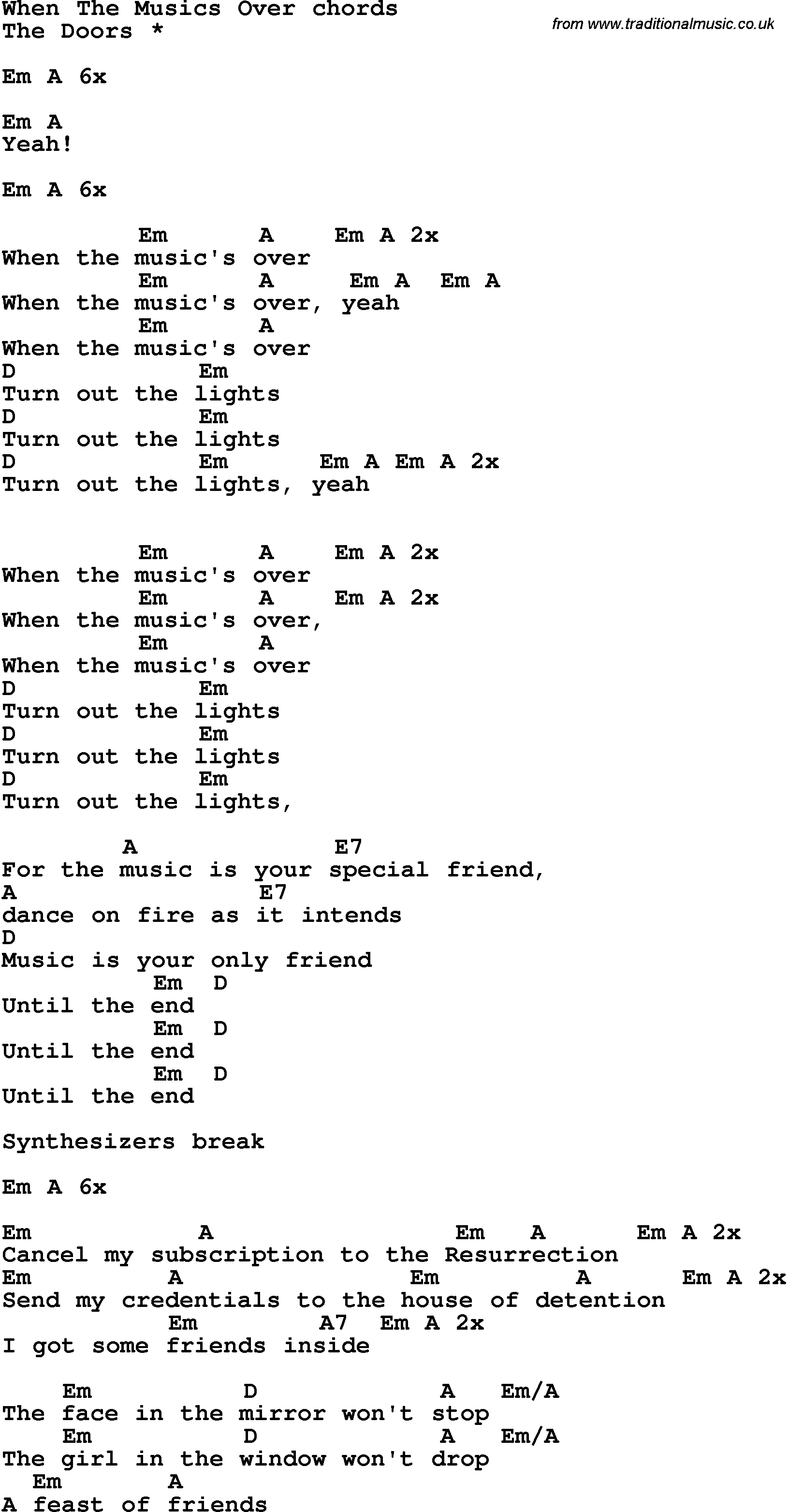 Song Lyrics with guitar chords for When The Music's Over