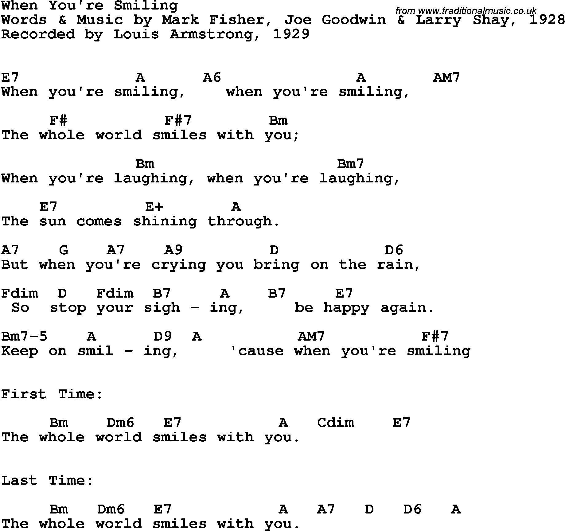 Song Lyrics with guitar chords for When You're Smiling - Louis Armstrong, 1929