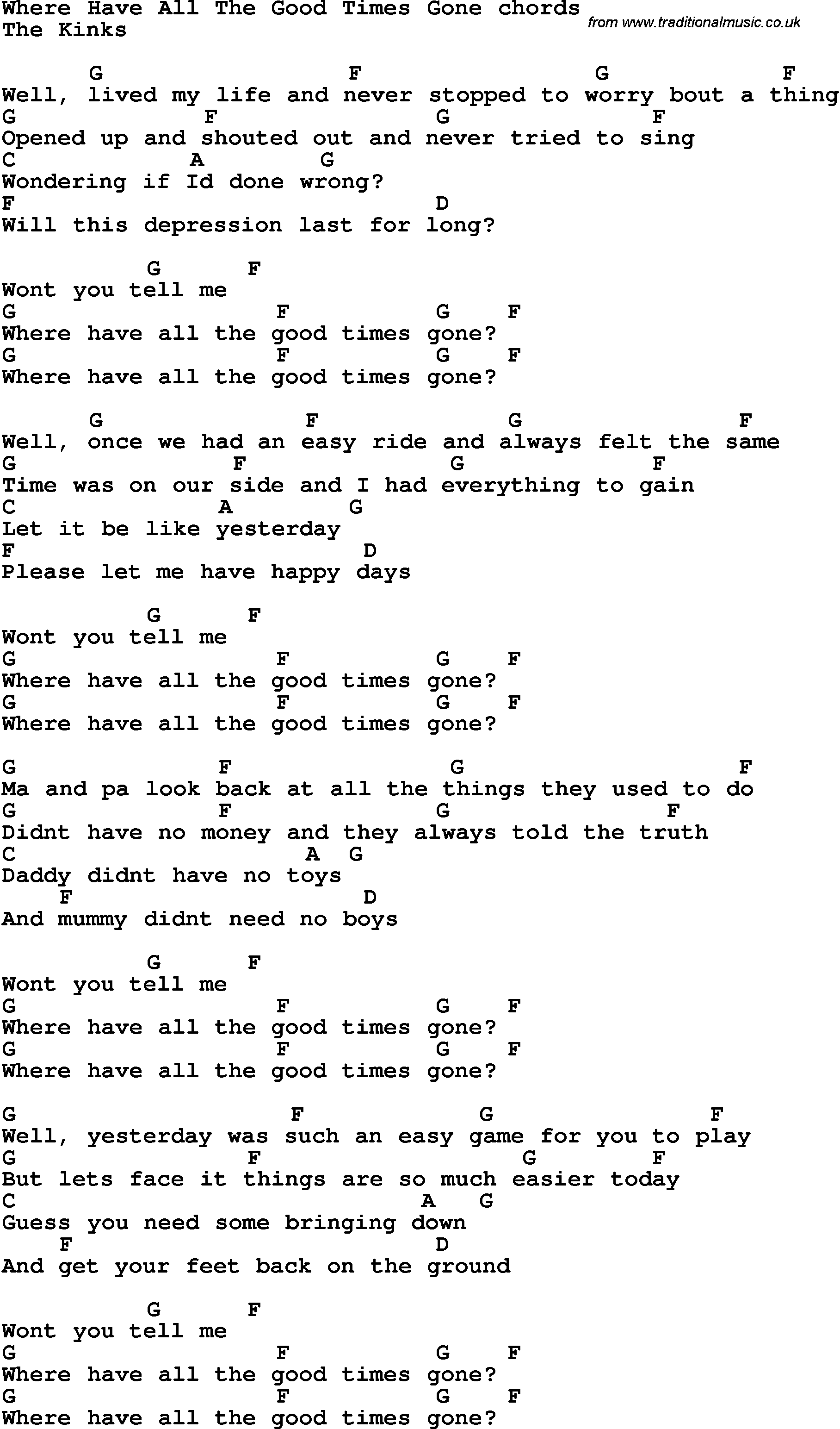 Song Lyrics with guitar chords for Where Have All The Good Times Gone
