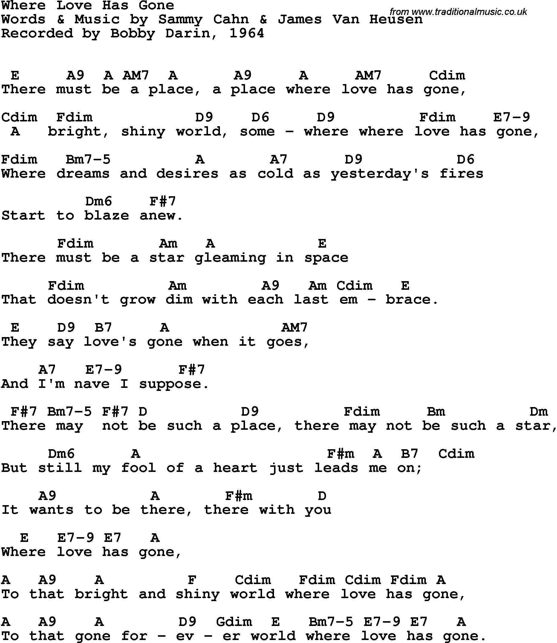 Song Lyrics with guitar chords for Where Love Has Gone - Bobby Darin, 1964