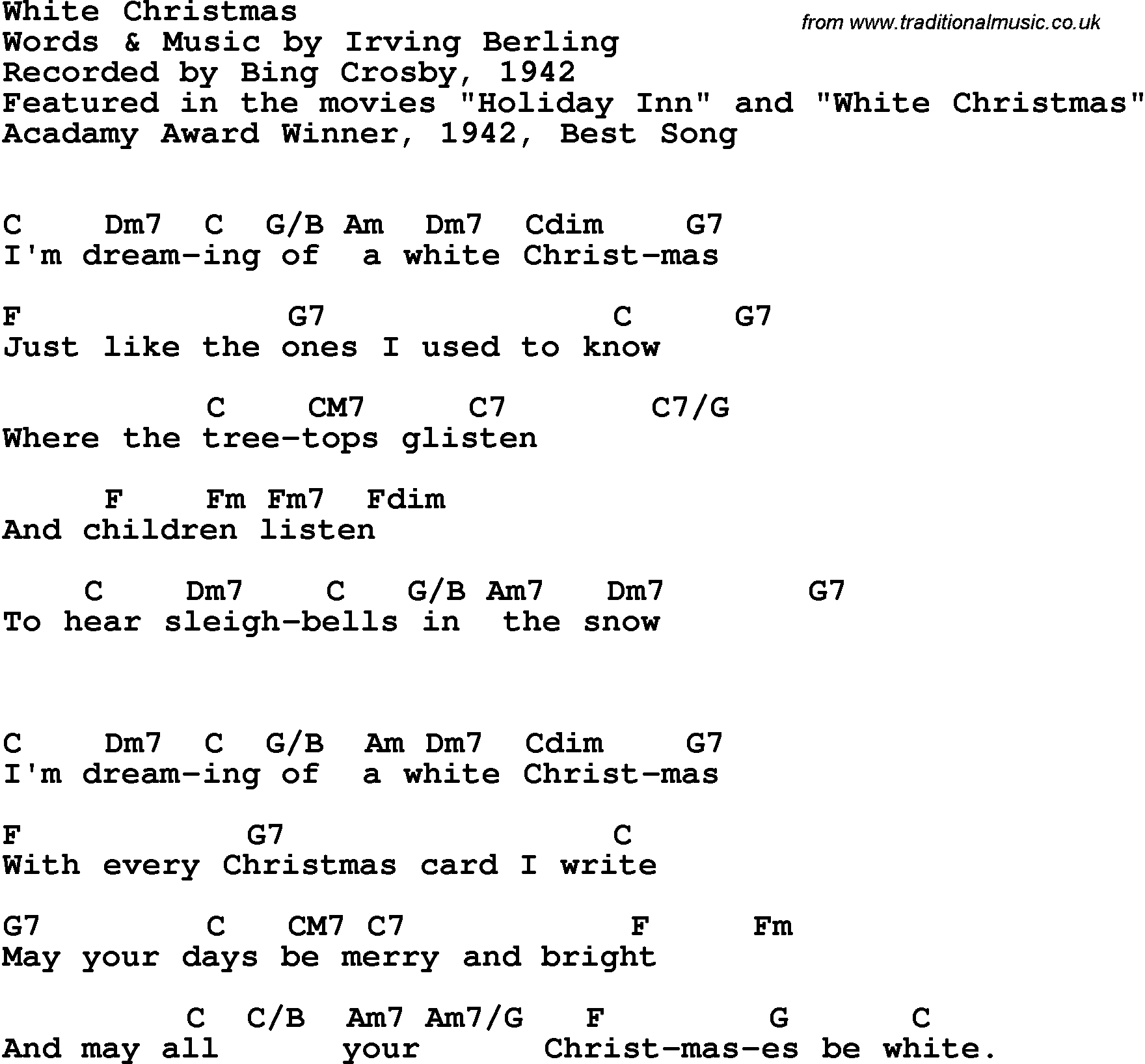 Song Lyrics with guitar chords for White Christmas - Bing Crosby, 1942