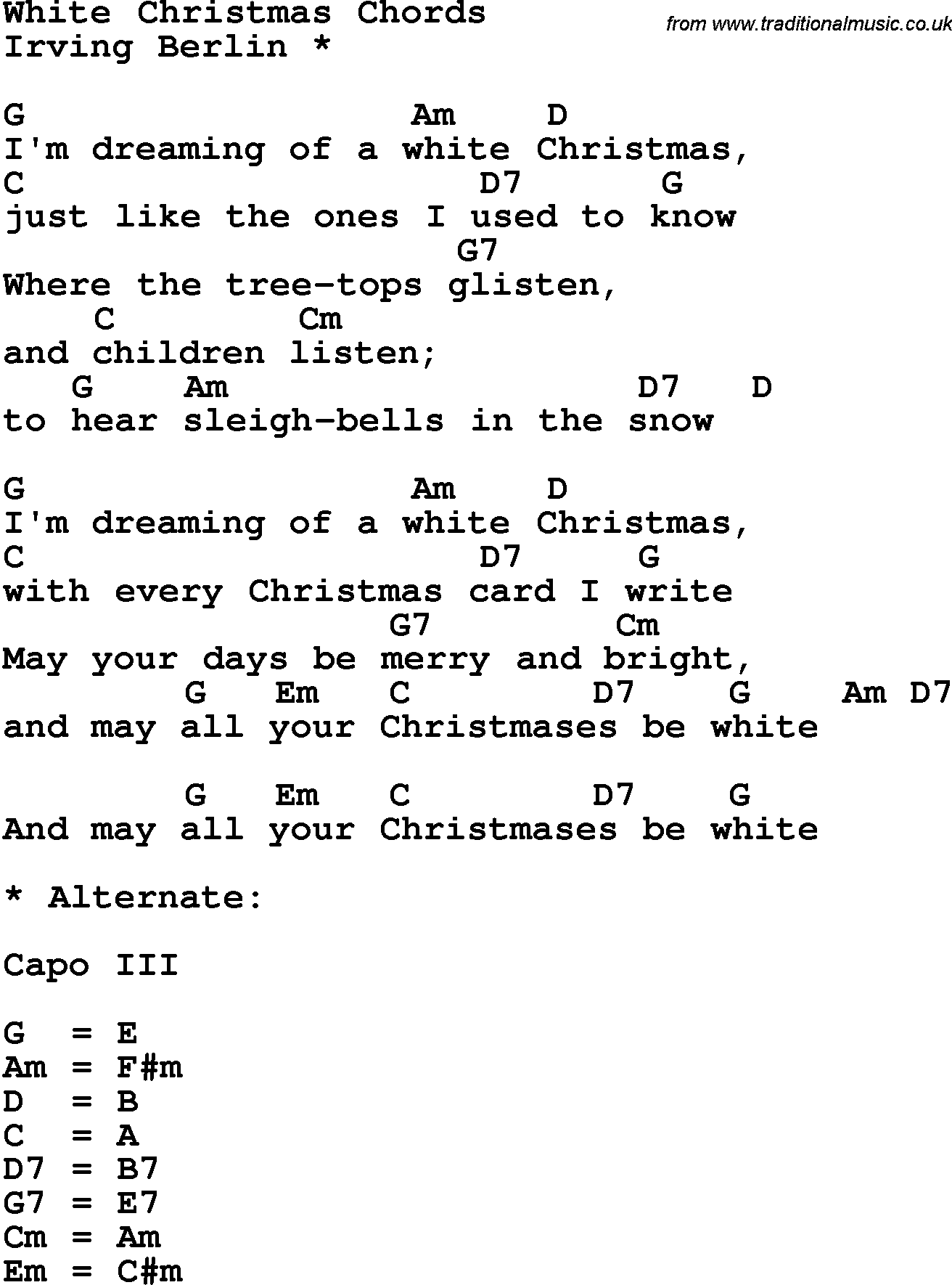 Song Lyrics with guitar chords for White Christmas - Irving Berlin