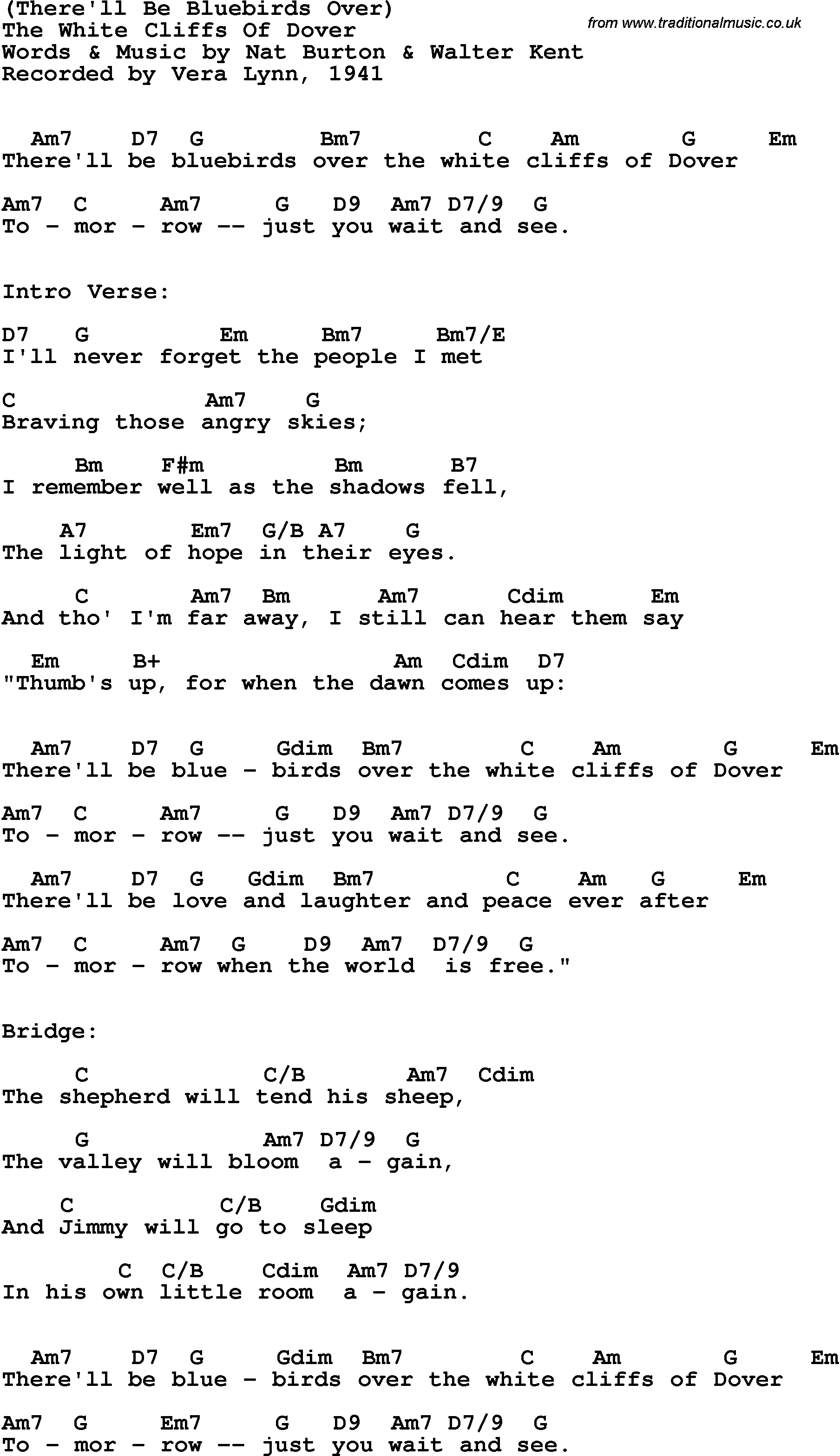 Song Lyrics with guitar chords for White Cliffs Of Dover - Vera Lynn, 1941