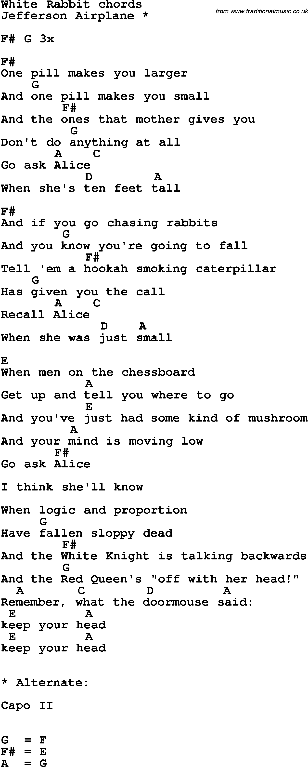 Song Lyrics with guitar chords for White Rabbit
