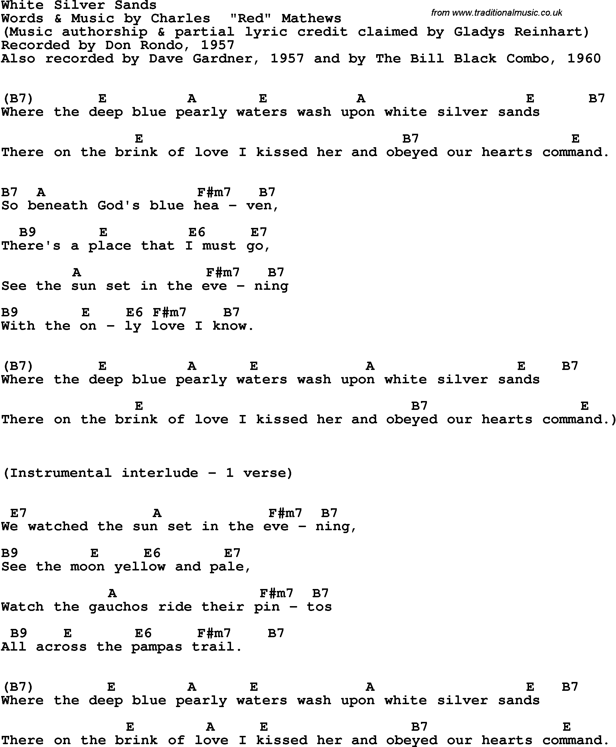Song Lyrics with guitar chords for White Silver Sands - Don Rondo, 1957
