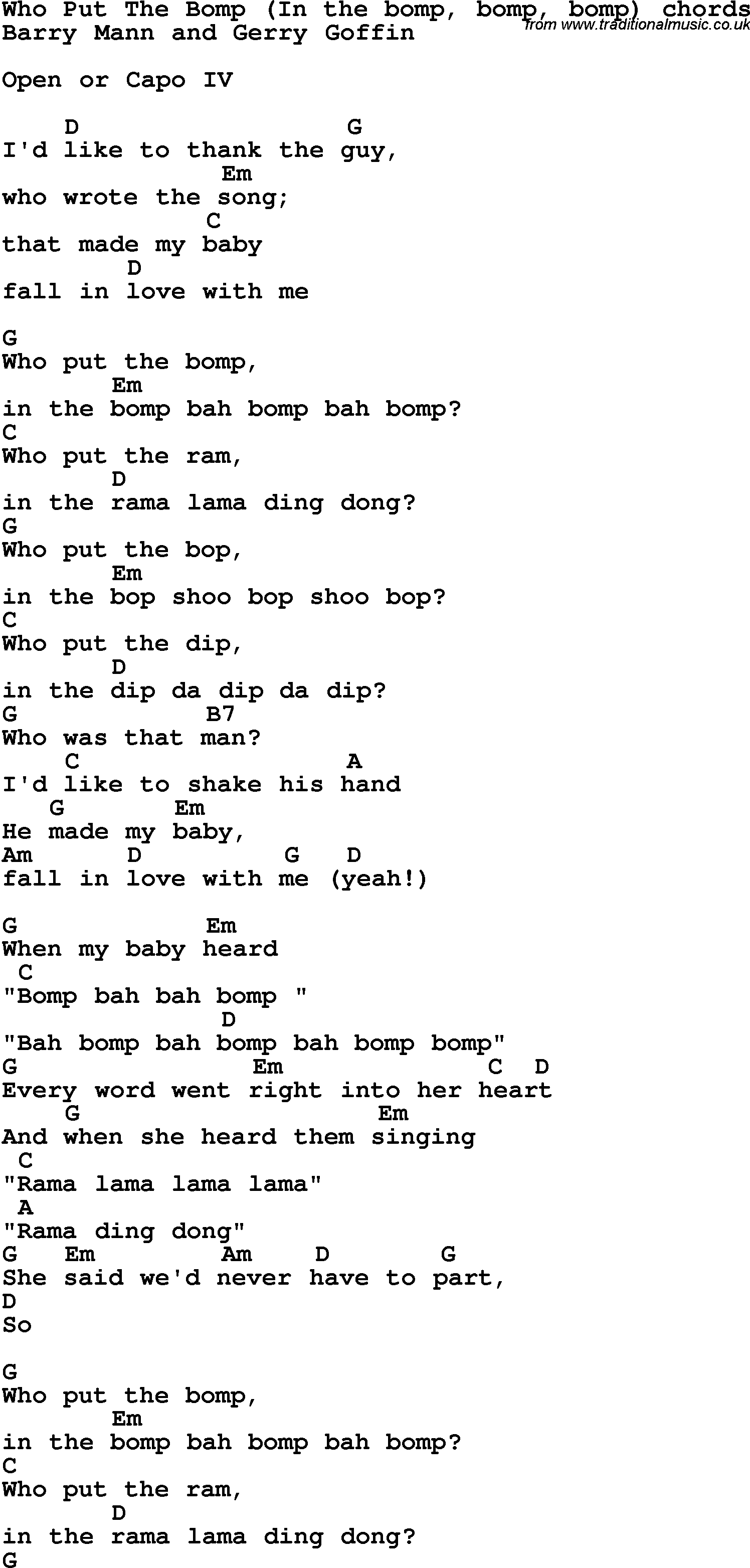 Song Lyrics with guitar chords for Who Put The Bomp