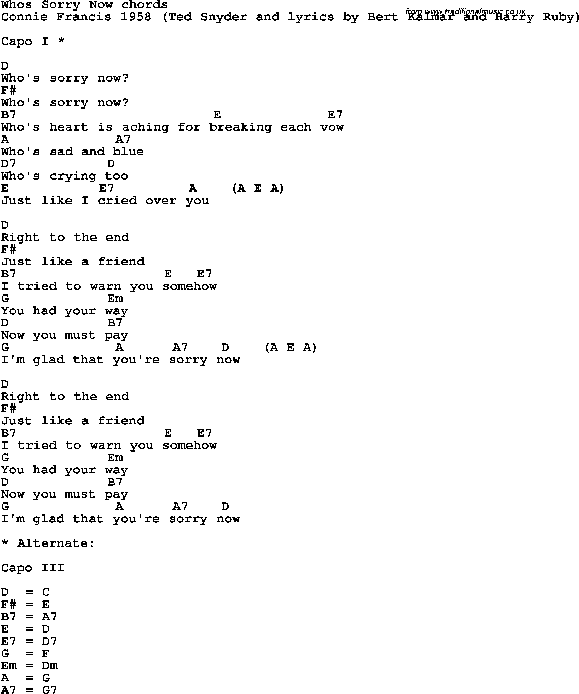 Song Lyrics with guitar chords for Who's Sorry Now