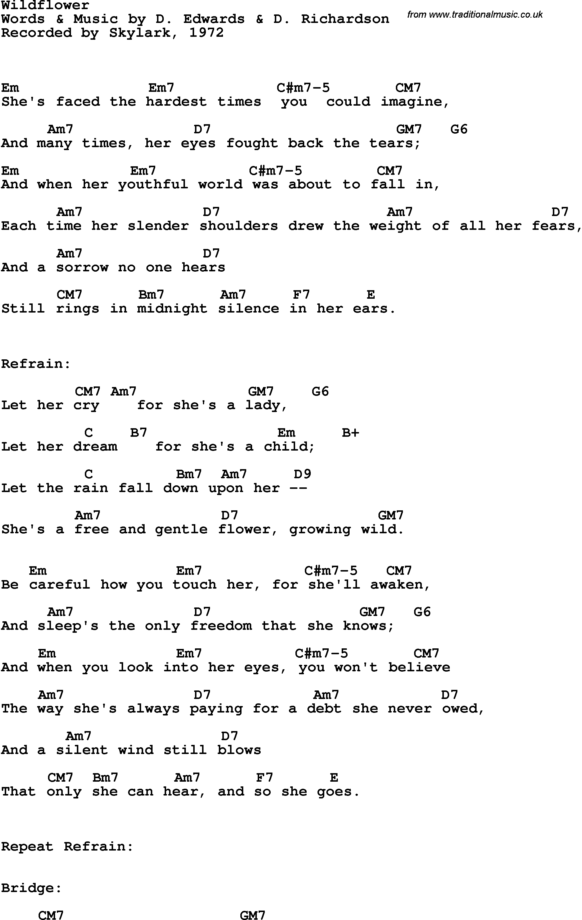 Song lyrics with guitar chords for Wildflower Skylark, 1972