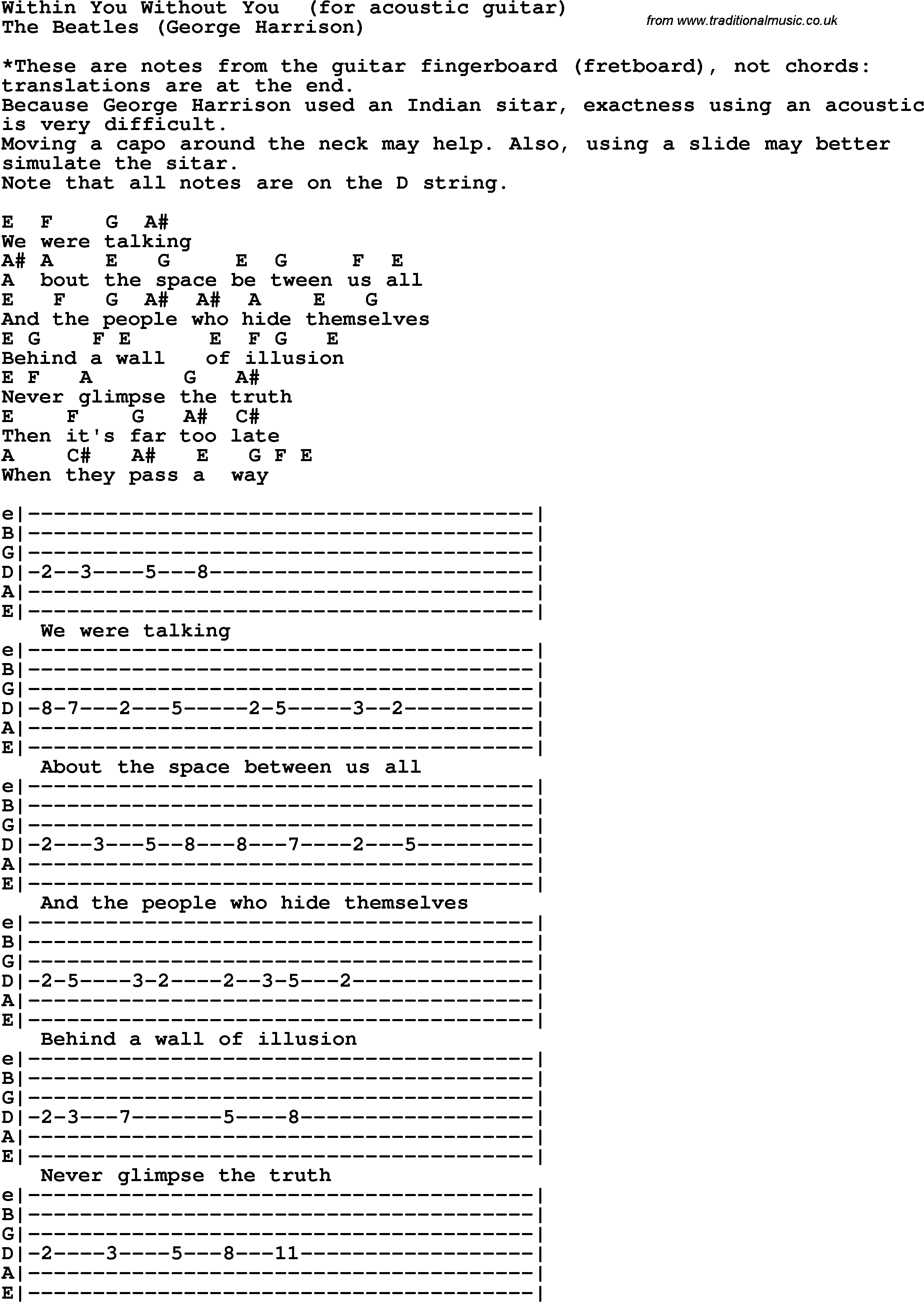 Song Lyrics with guitar chords for Within You Without You